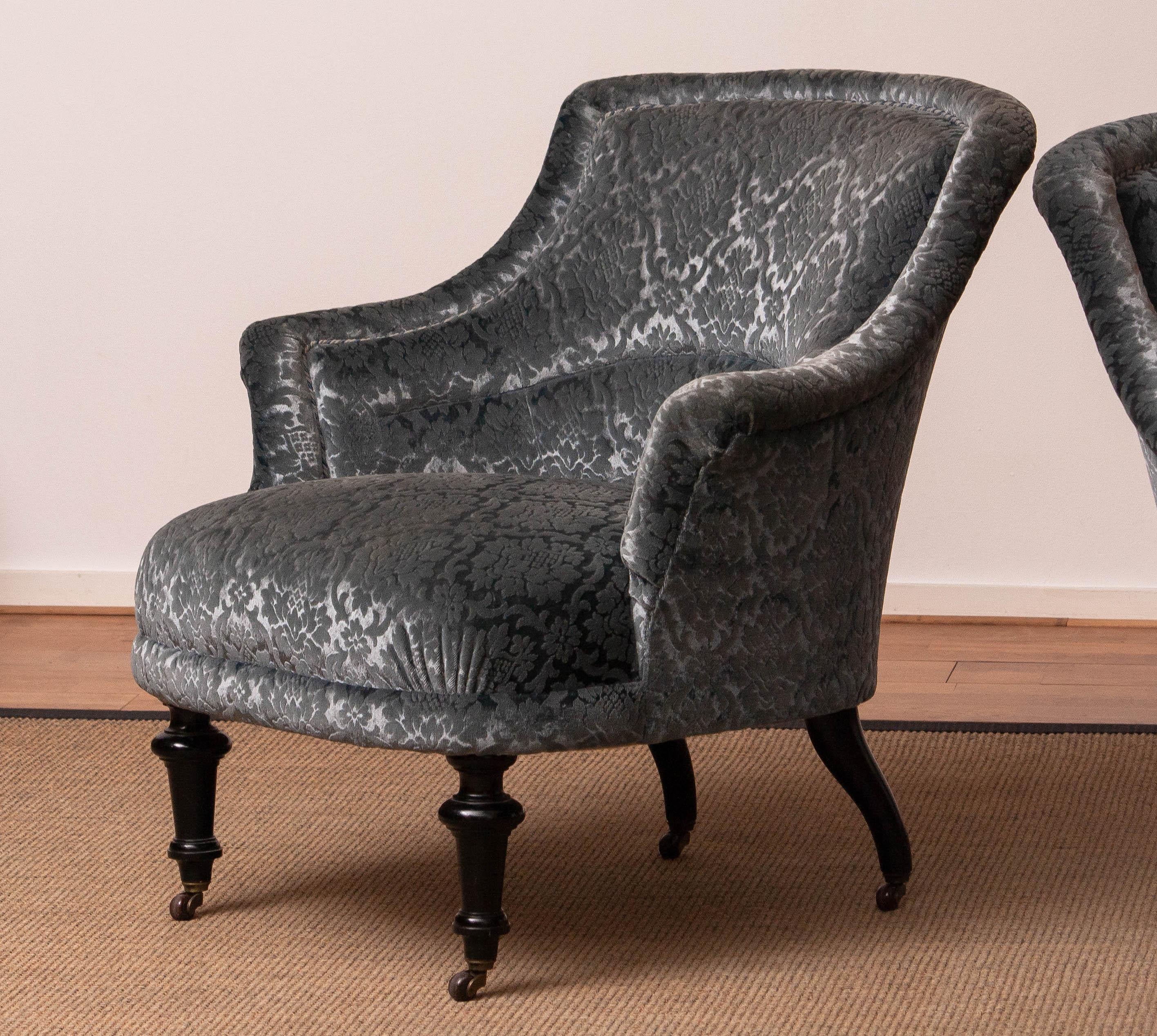 1900s, Pair of Velvet Jacquard French Napoleon III Arm Club Chair 6