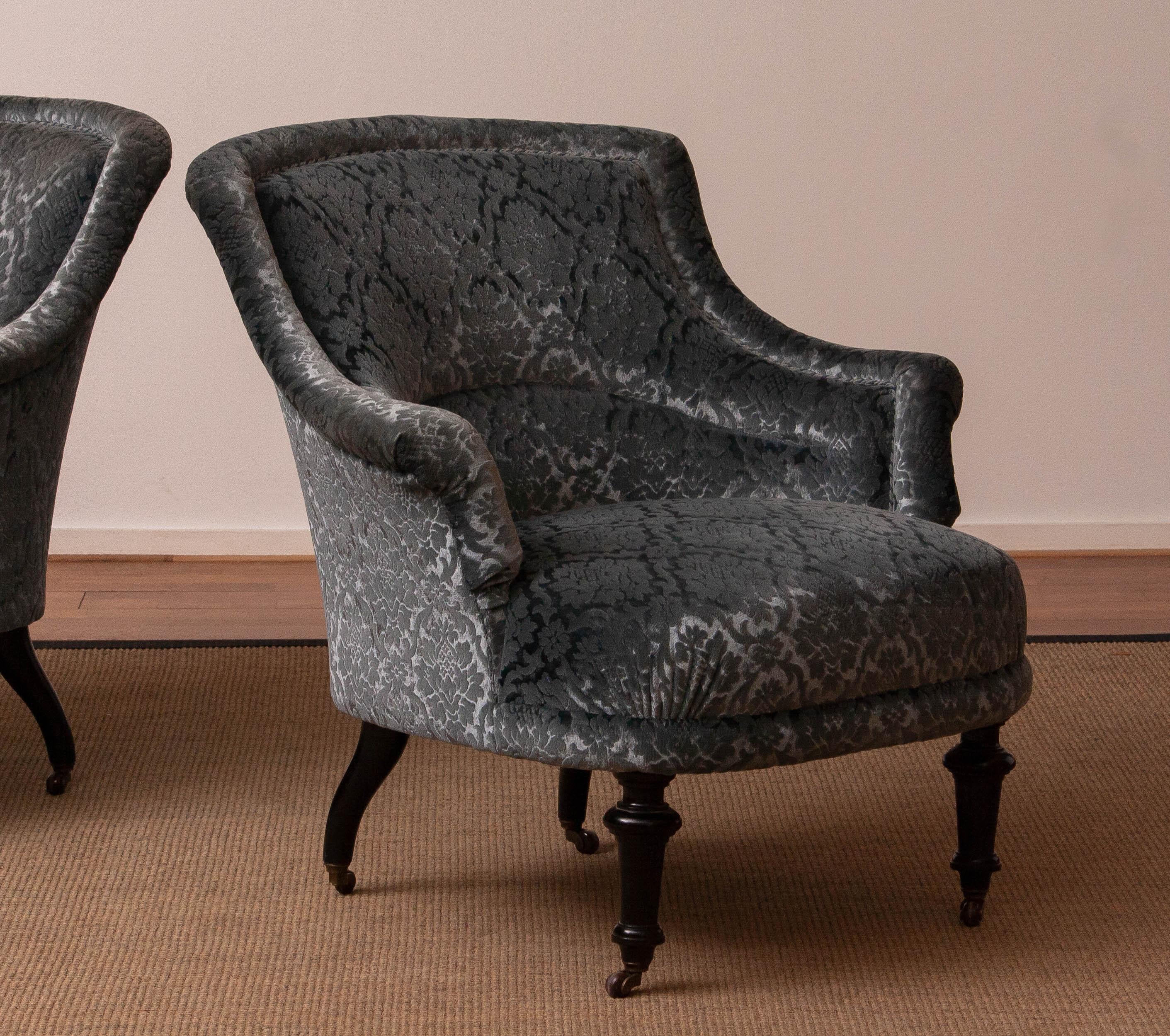 1900s, Pair of Velvet Jacquard French Napoleon III Arm Club Chair 7