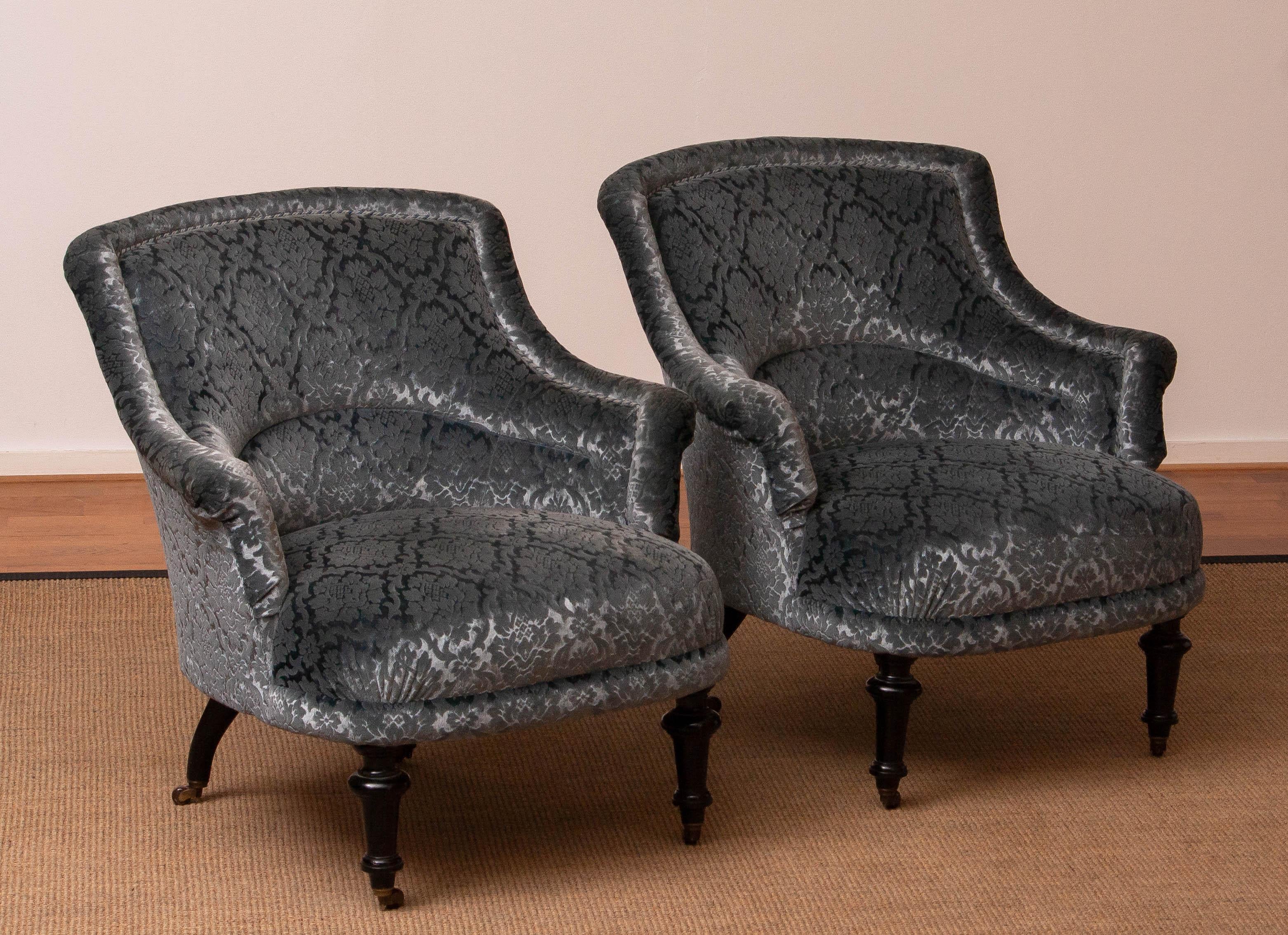 19th Century 1900s, Pair of Velvet Jacquard French Napoleon III Arm Club Chair