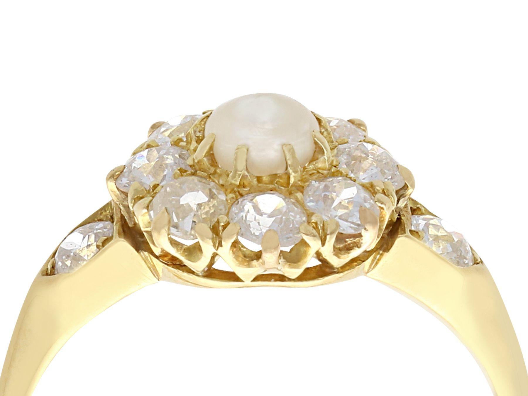 An impressive pearl and 1.15 Ct diamond, 18k yellow gold cluster style cocktail ring; part of our diverse antique jewelry and estate jewelry collections.

This fine and impressive pearl and diamond cluster ring has been crafted in 18k yellow