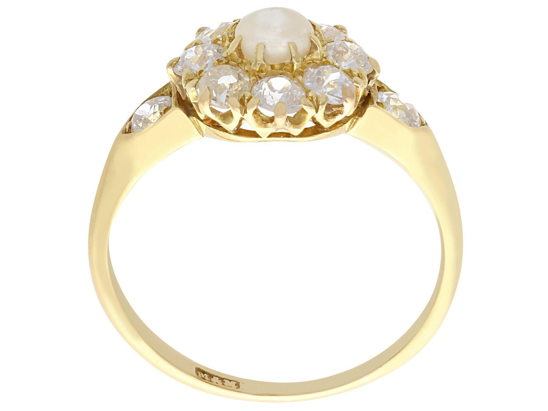 Round Cut 1900s Pearl 1.15 Carat Diamond Yellow Gold Cluster Ring