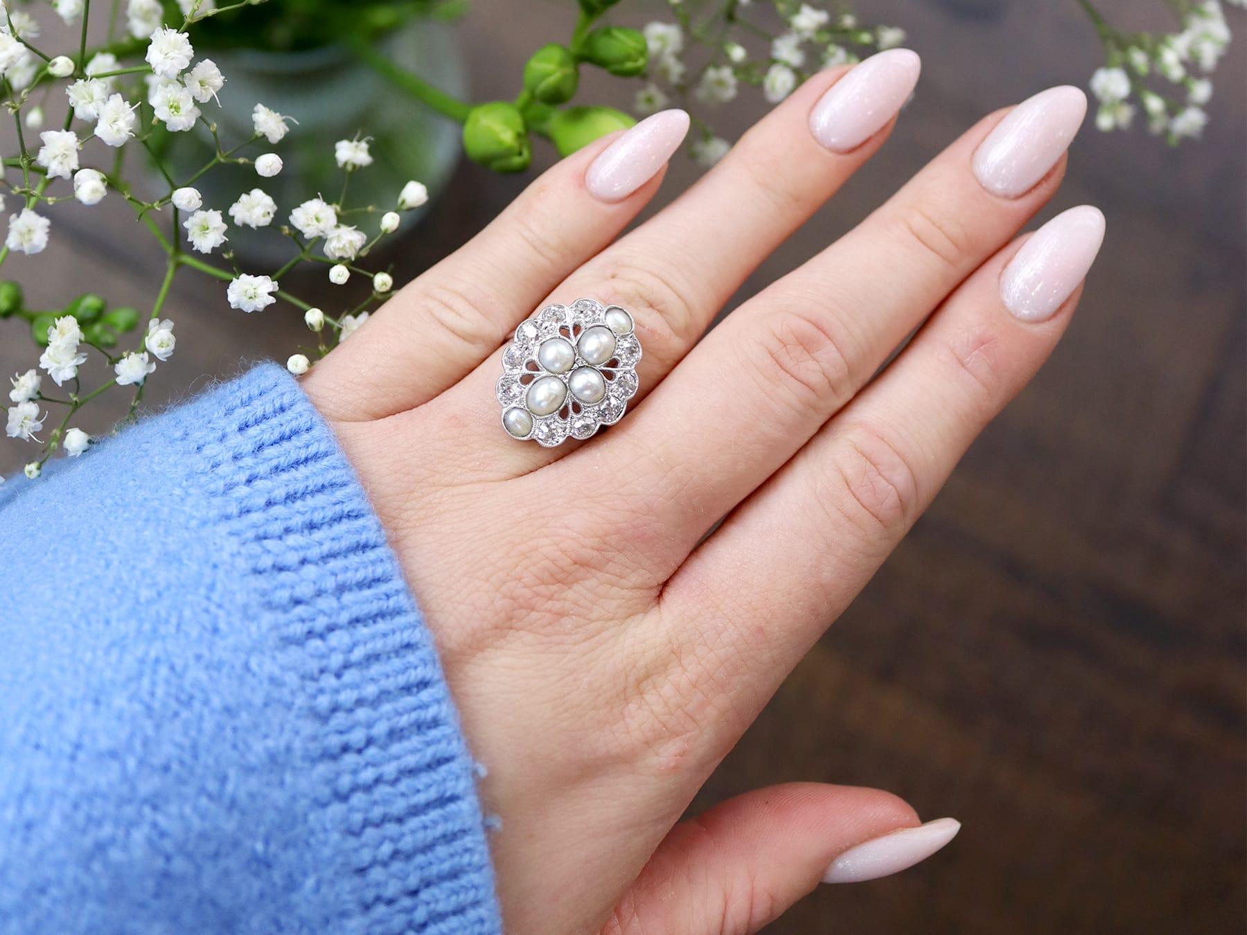 Old European Cut 1900s Pearl and 1.73 Carat Diamond White Gold Cocktail Ring For Sale