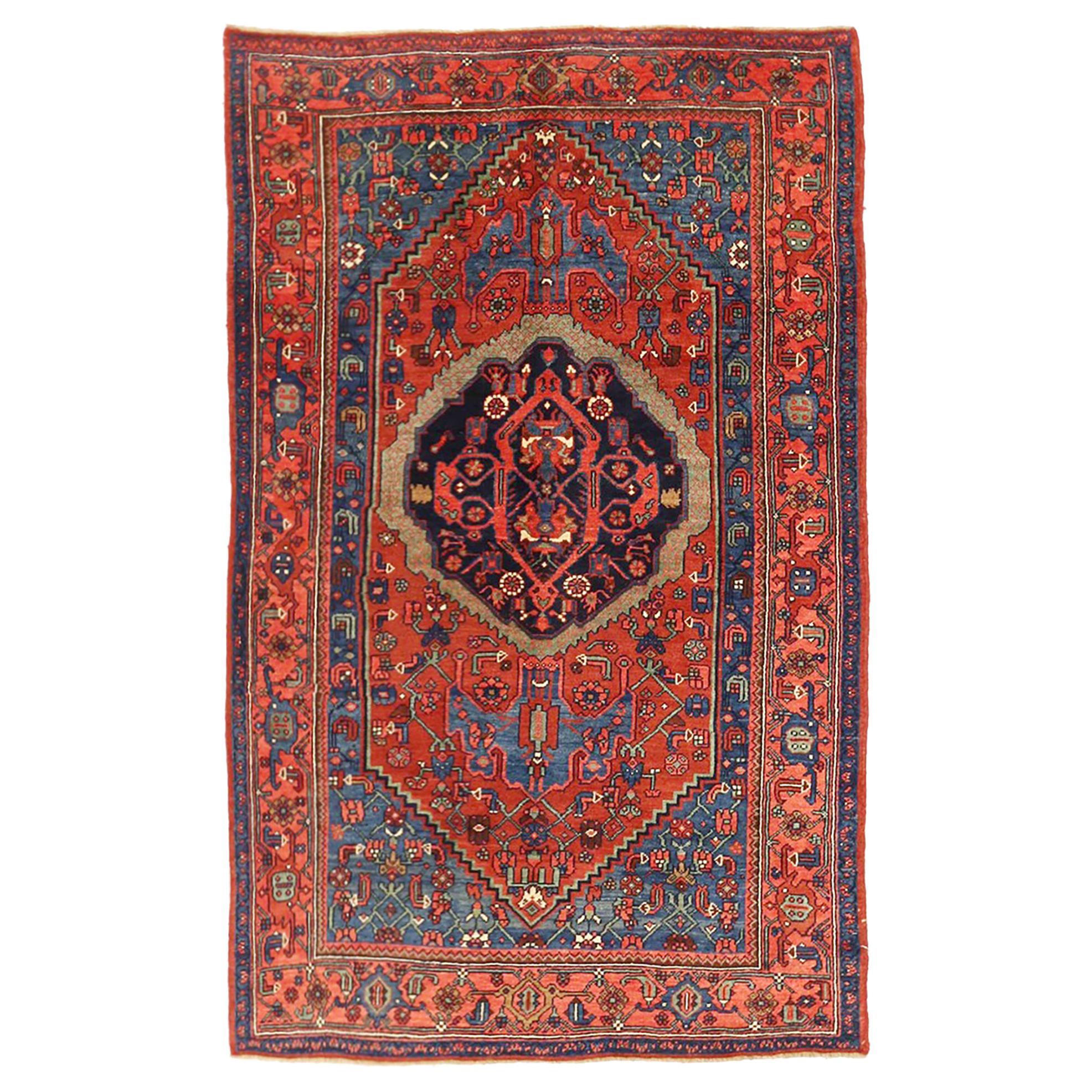 1900s Persian Bijar Rug with Large Red Floral Medallion on Blue Field