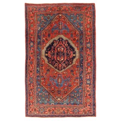 Antique 1900s Persian Bijar Rug with Large Red Floral Medallion on Blue Field