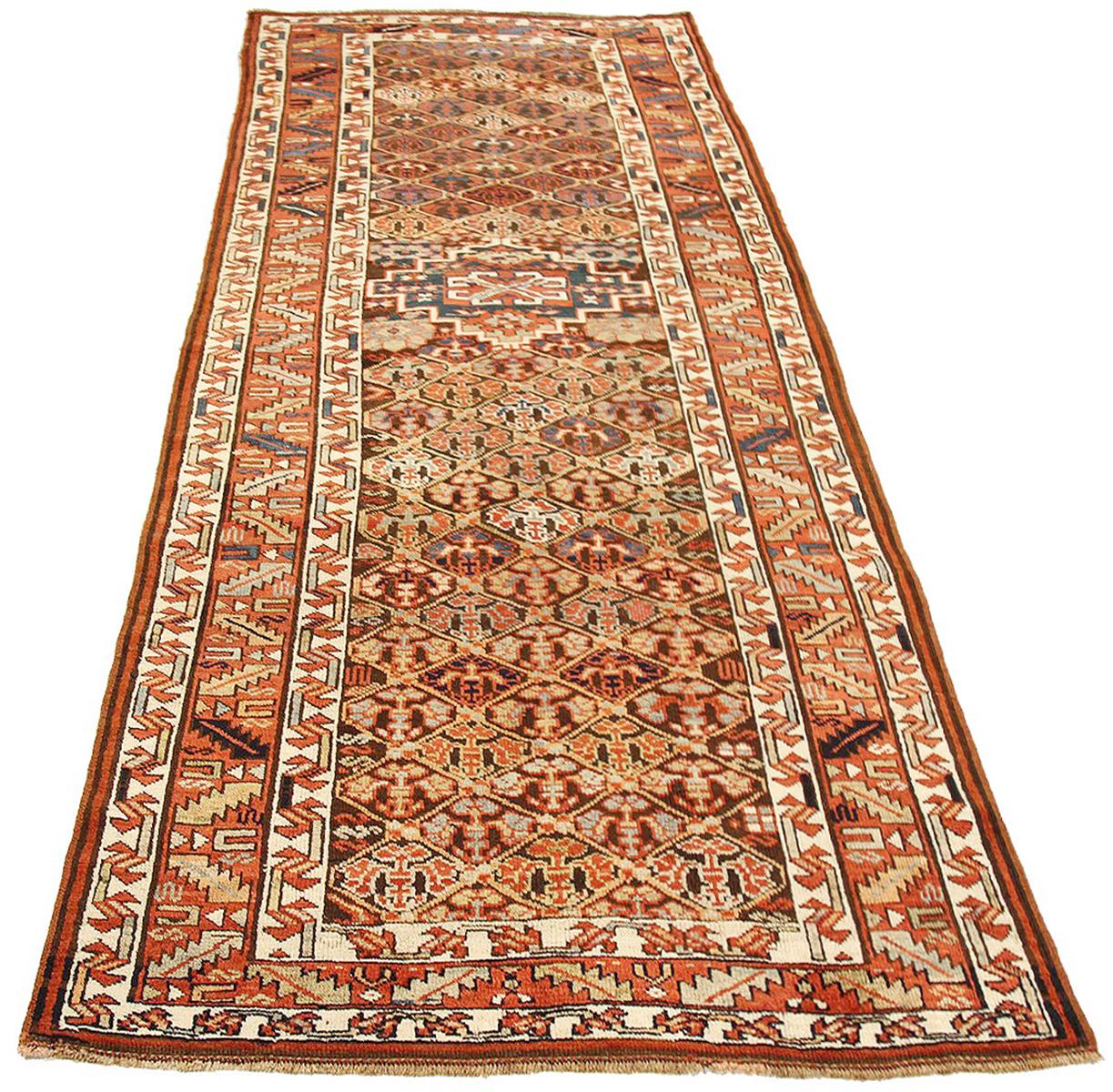 Hand-Woven 1900s Persian Bijar Runner Rug with Red & Brown All-Over Floral Motifs on Ivory For Sale