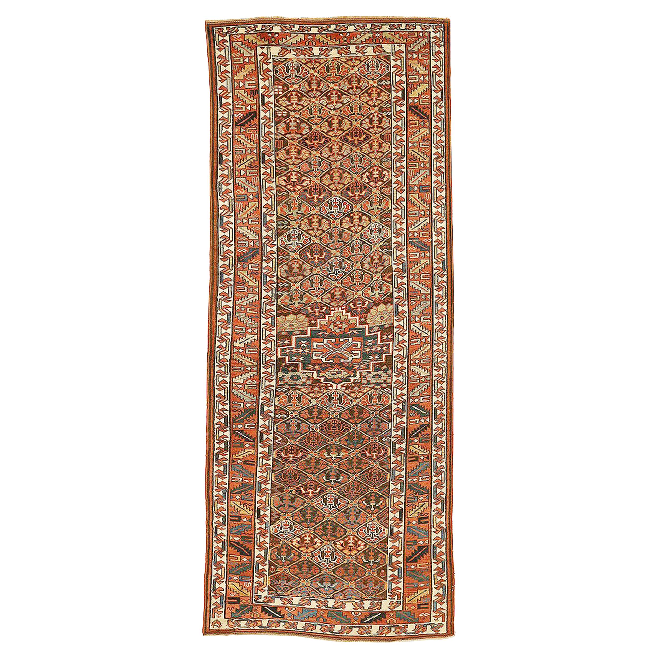 1900s Persian Bijar Runner Rug with Red & Brown All-Over Floral Motifs on Ivory For Sale