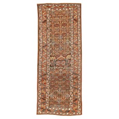 Vintage 1900s Persian Bijar Runner Rug with Red & Brown All-Over Floral Motifs on Ivory