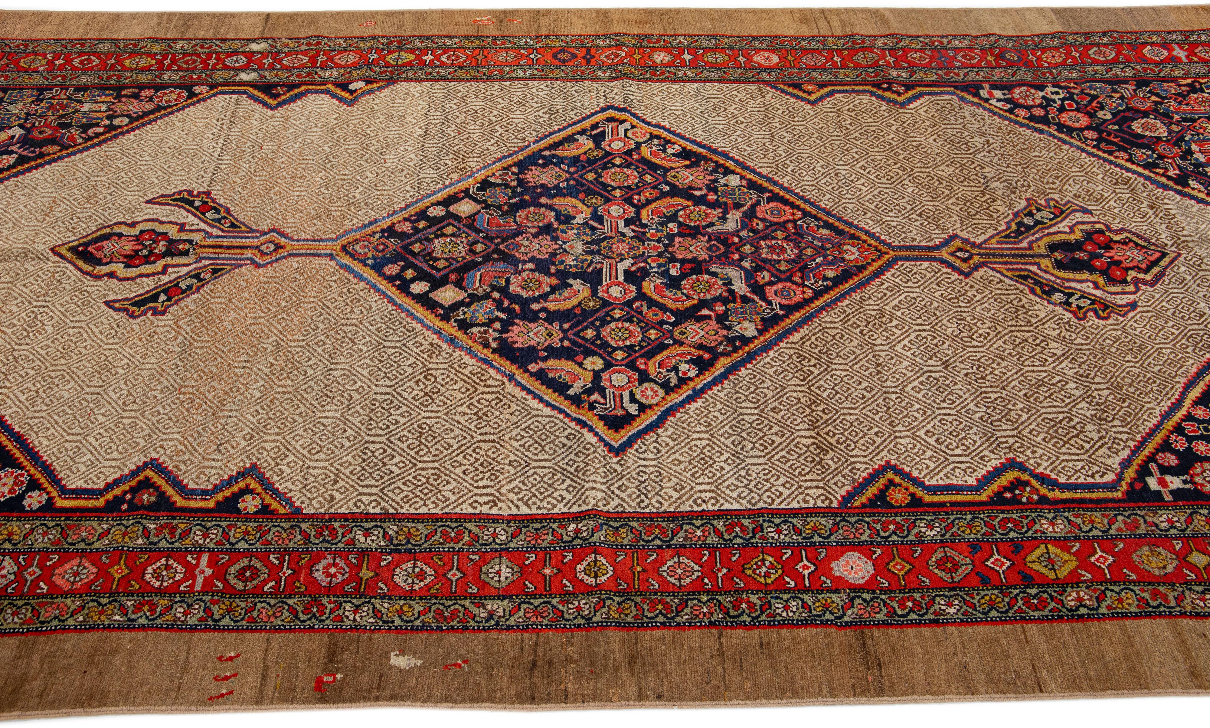 Hand-Knotted 1900s Persian Hamadan Gallery Wool Rug with Multicolor Medallion Design  For Sale