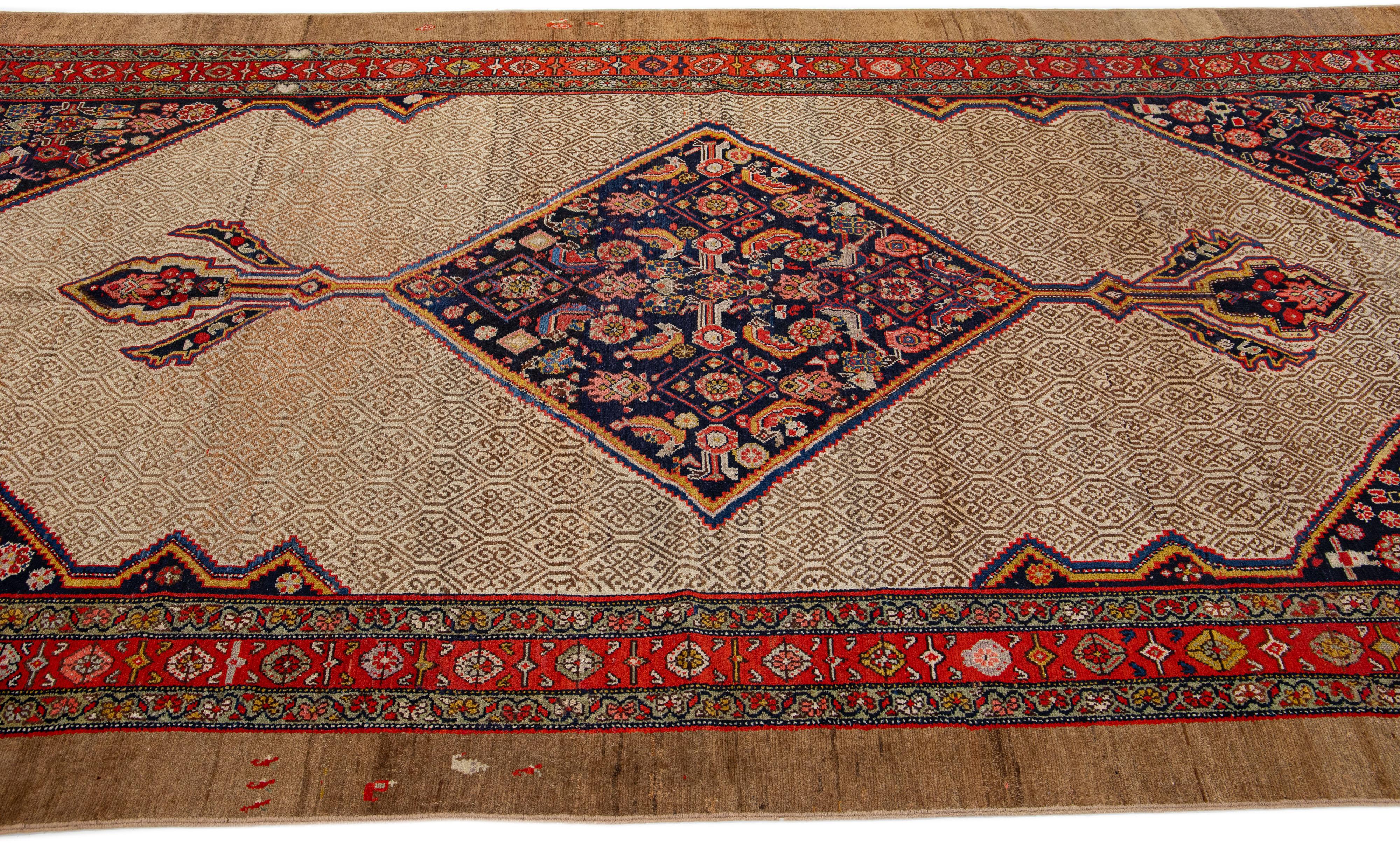 Hand-Knotted 1900s Persian Hamadan Gallery Wool Rug with Multicolor Medallion Design For Sale