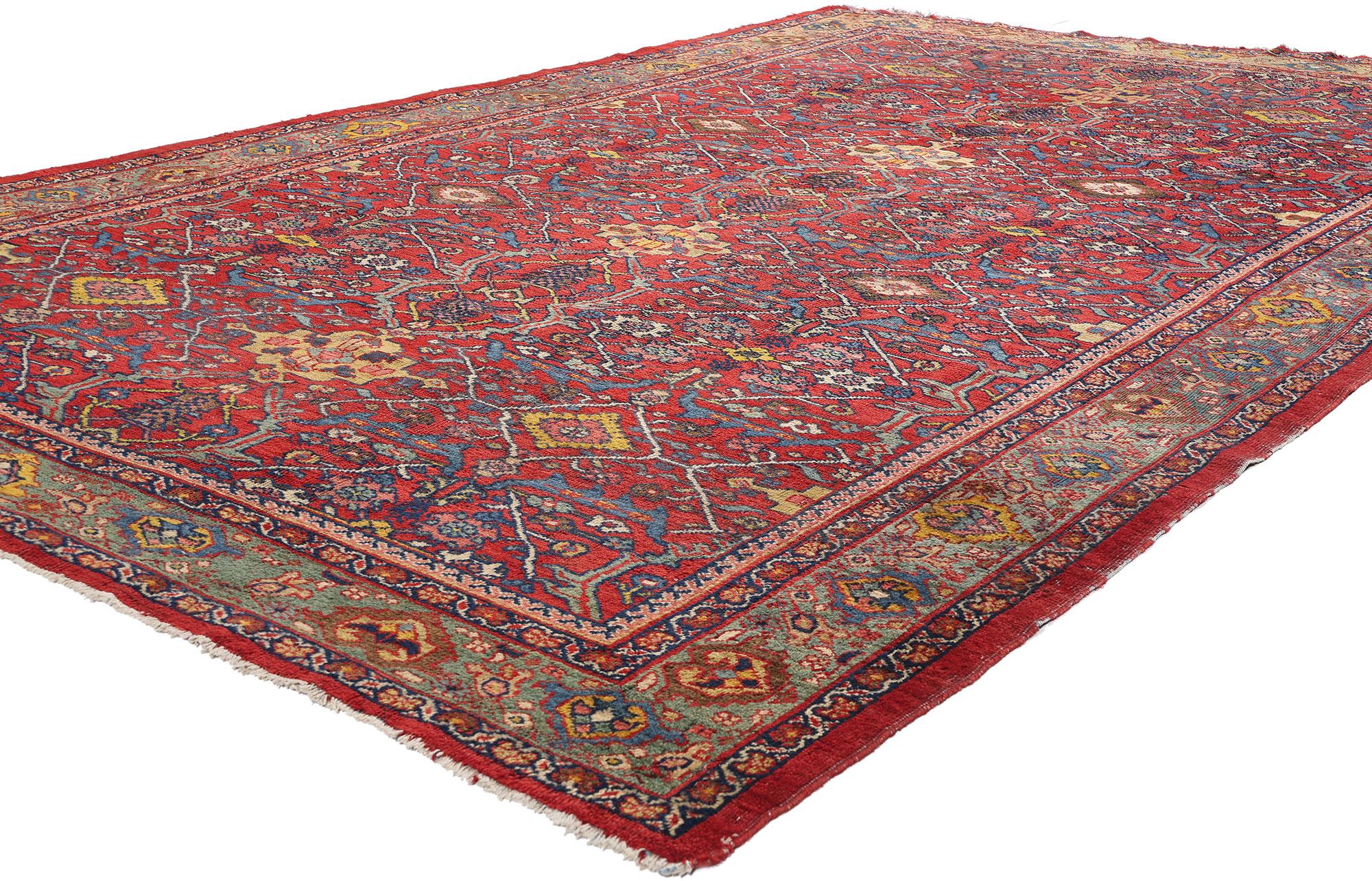 79185 Tapis persan antique Mahal, 07'03 x 11'04. Avec la grandeur d'un jardin ancien illuminé par la lumière du feu, ce tapis en laine nouée à la main, anciennement Persan Mahal, déploie une orchestration éblouissante de couleurs et de formes. Le