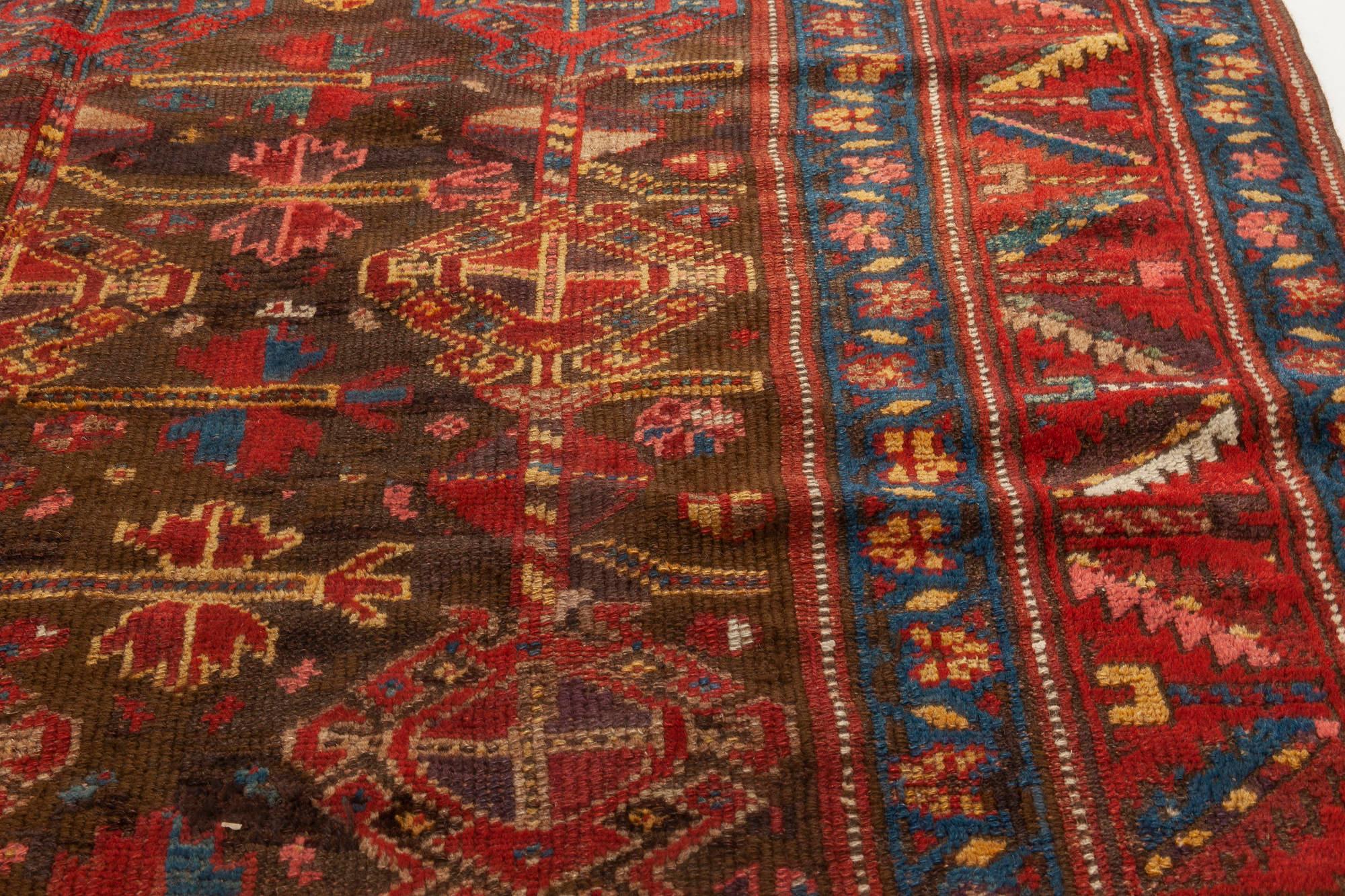 1900s Persian Malayer Geometric Handmade Wool Rug in Red, Blue, Yellow and Black In Good Condition In New York, NY