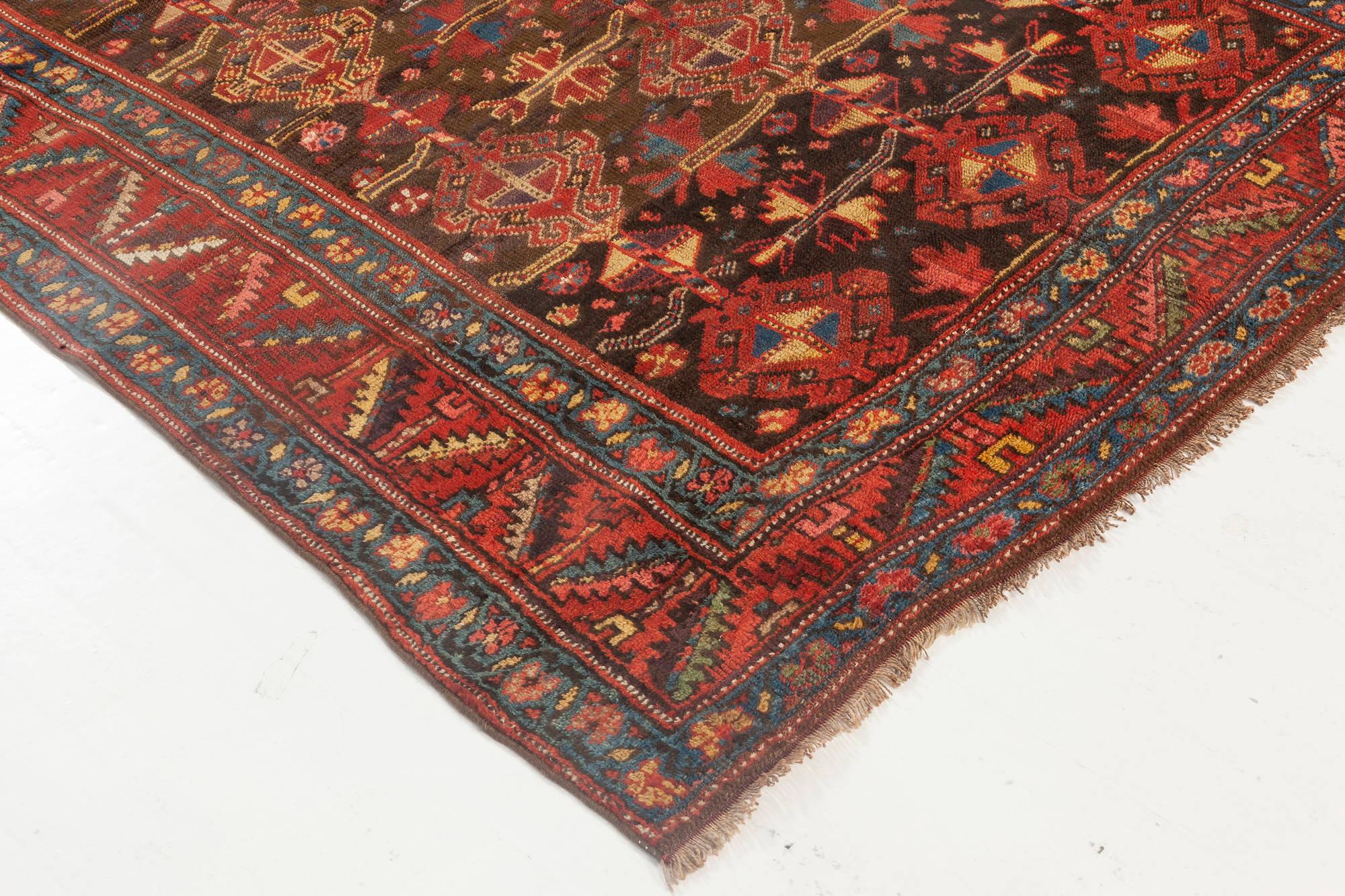1900s Persian Malayer Geometric Handmade Wool Rug in Red, Blue, Yellow and Black 1