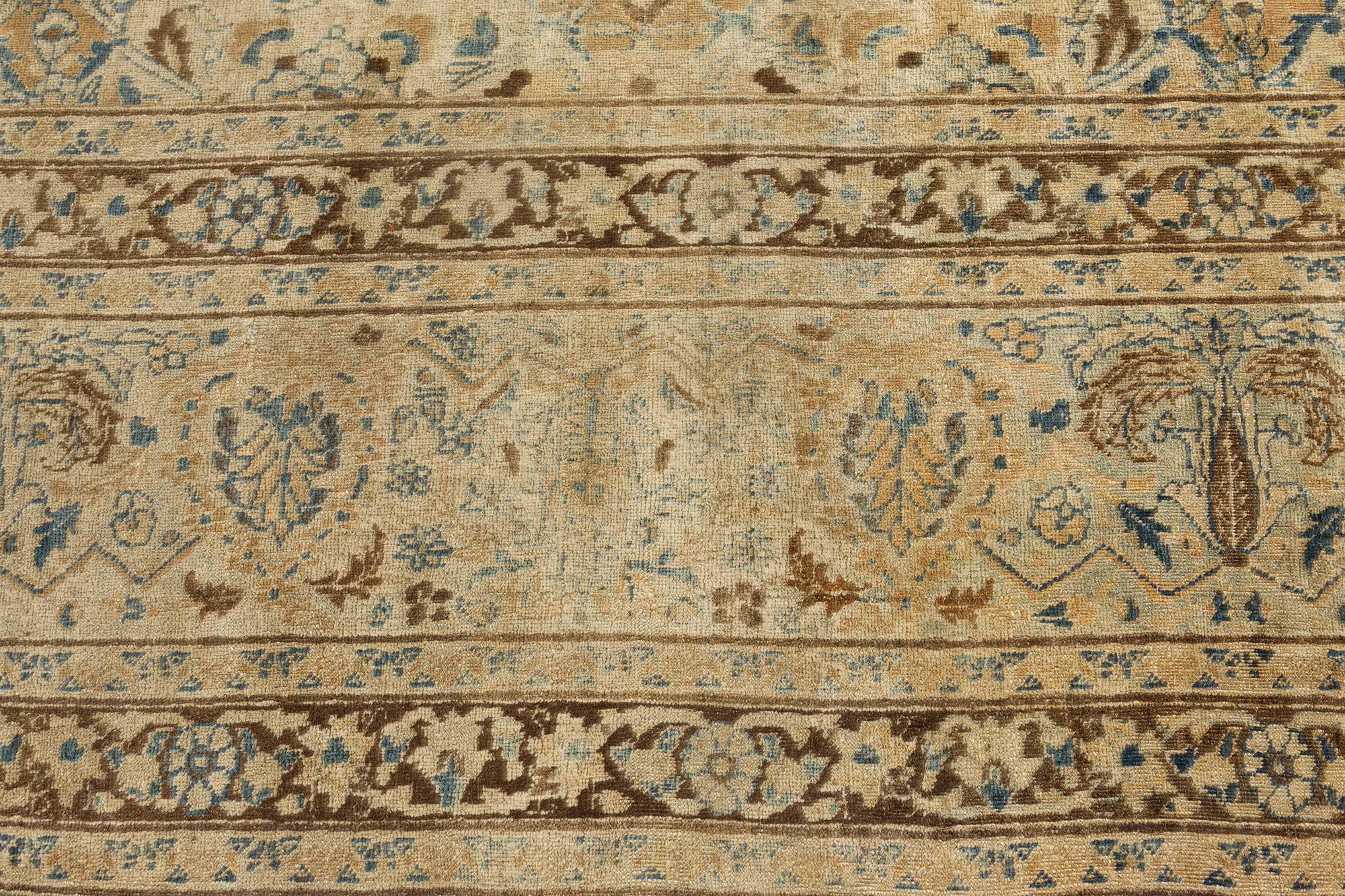1900s Persian Meshad Botanic Blue Brown Hand Knotted Wool Rug For Sale 1