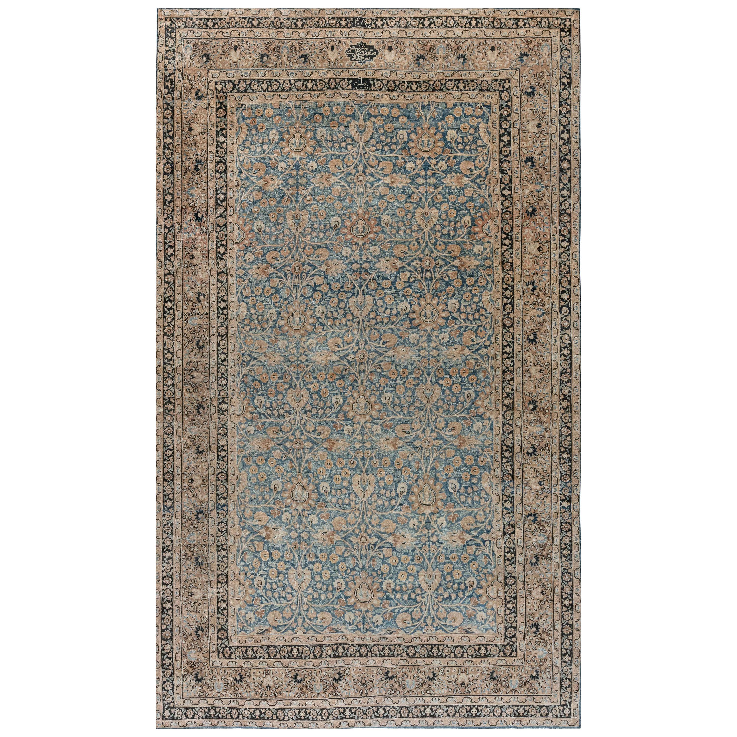 1900s Persian Meshad Blue Handmade Wool Rug For Sale