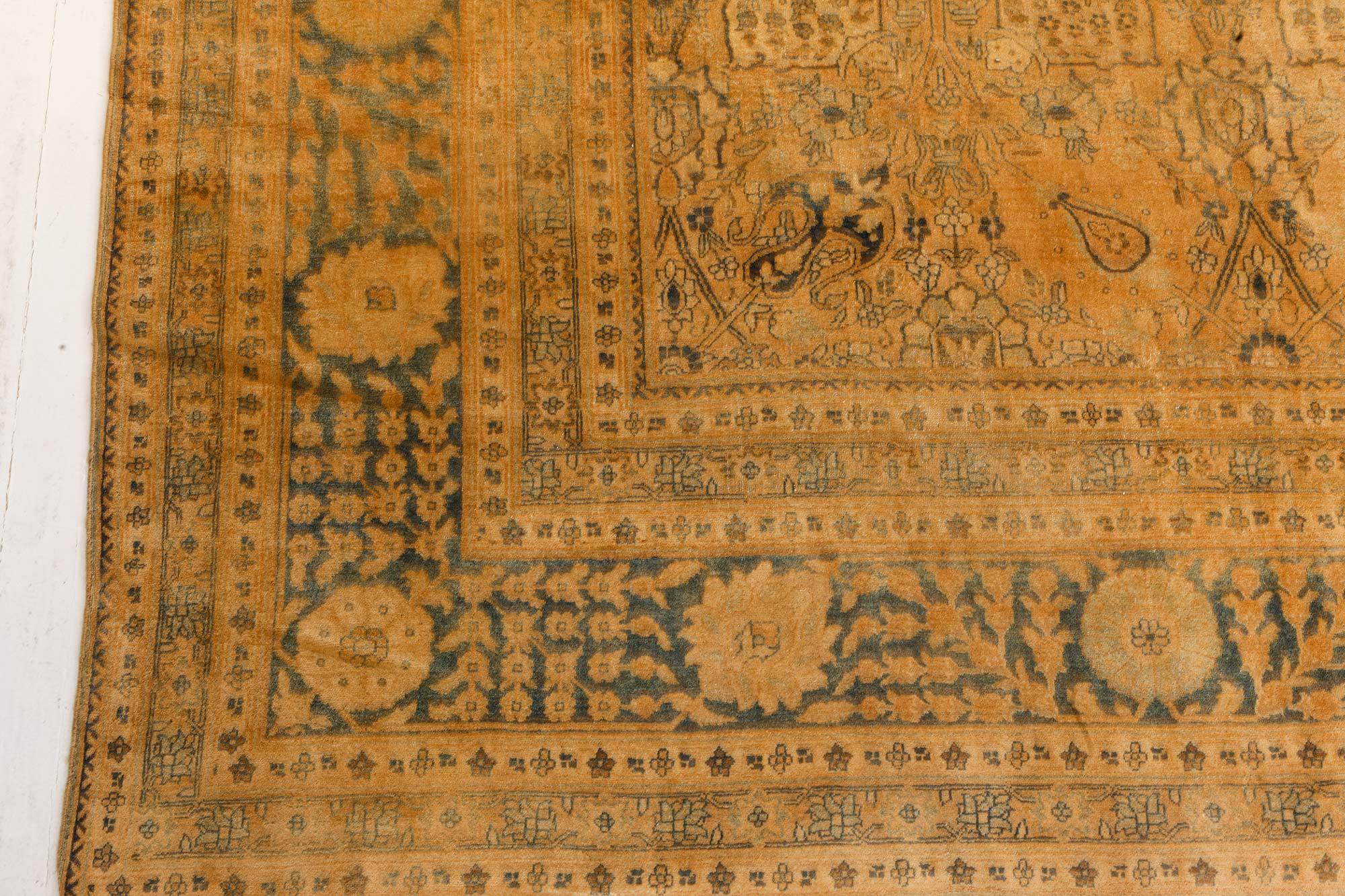 20th Century 1900s Persian Tabriz Yellow Handmade Wool Carpet For Sale