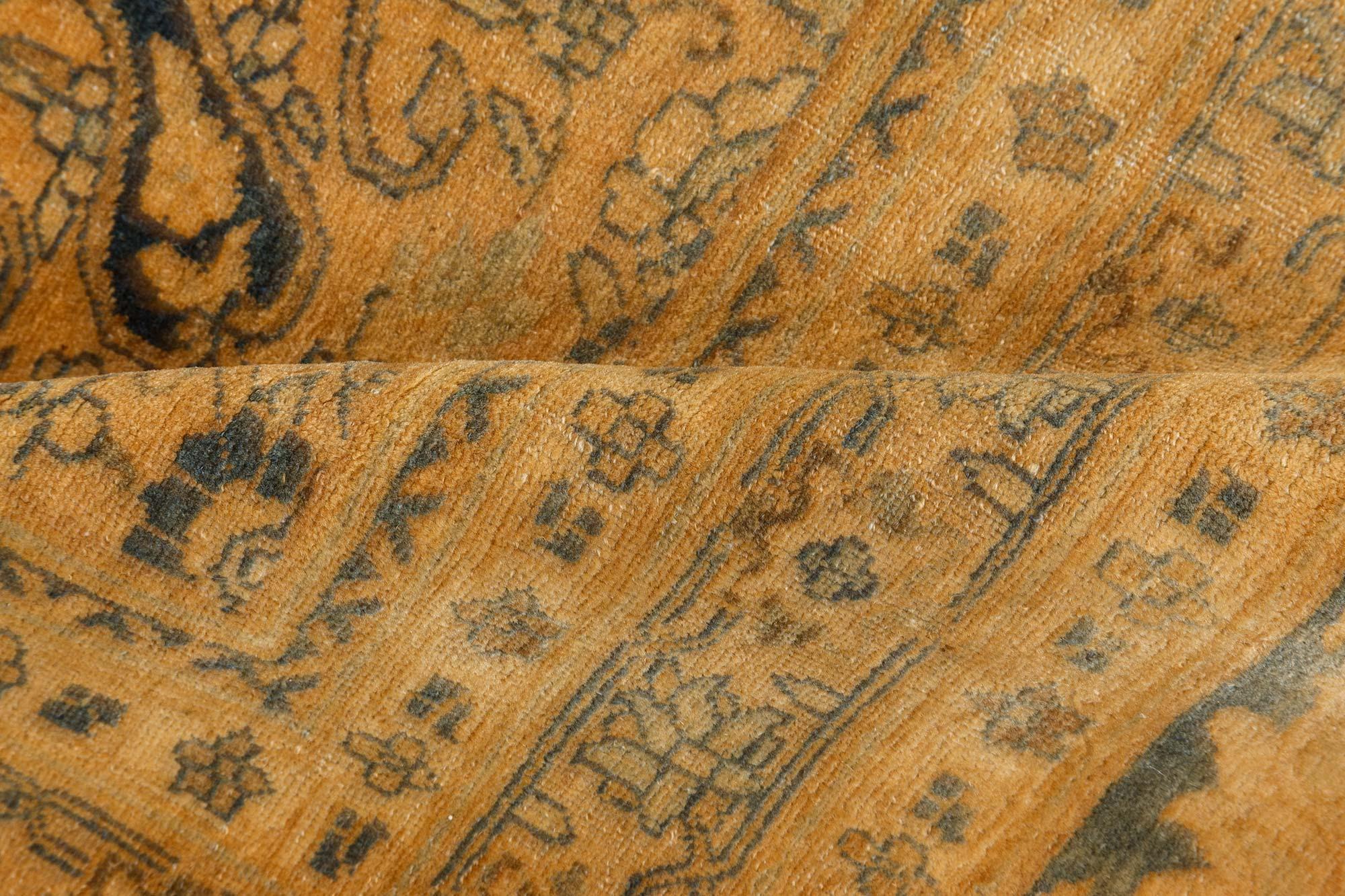 Authentic 1900s Persian Tabriz yellow handmade wool carpet
Size: 13'4