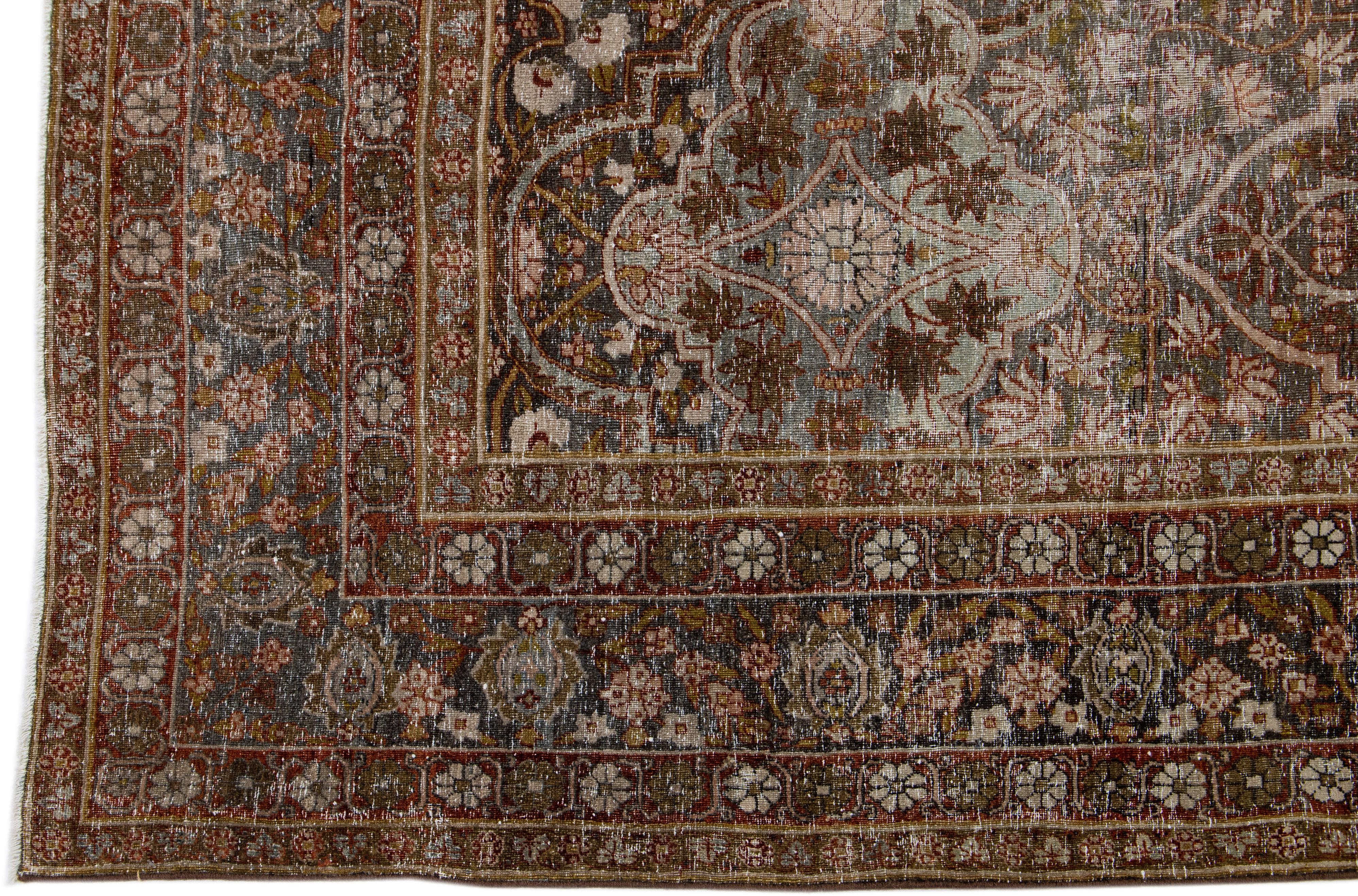 20th Century 1900s Persian Tabriz Gray Wool Rug Handmade with Medallion Motif For Sale
