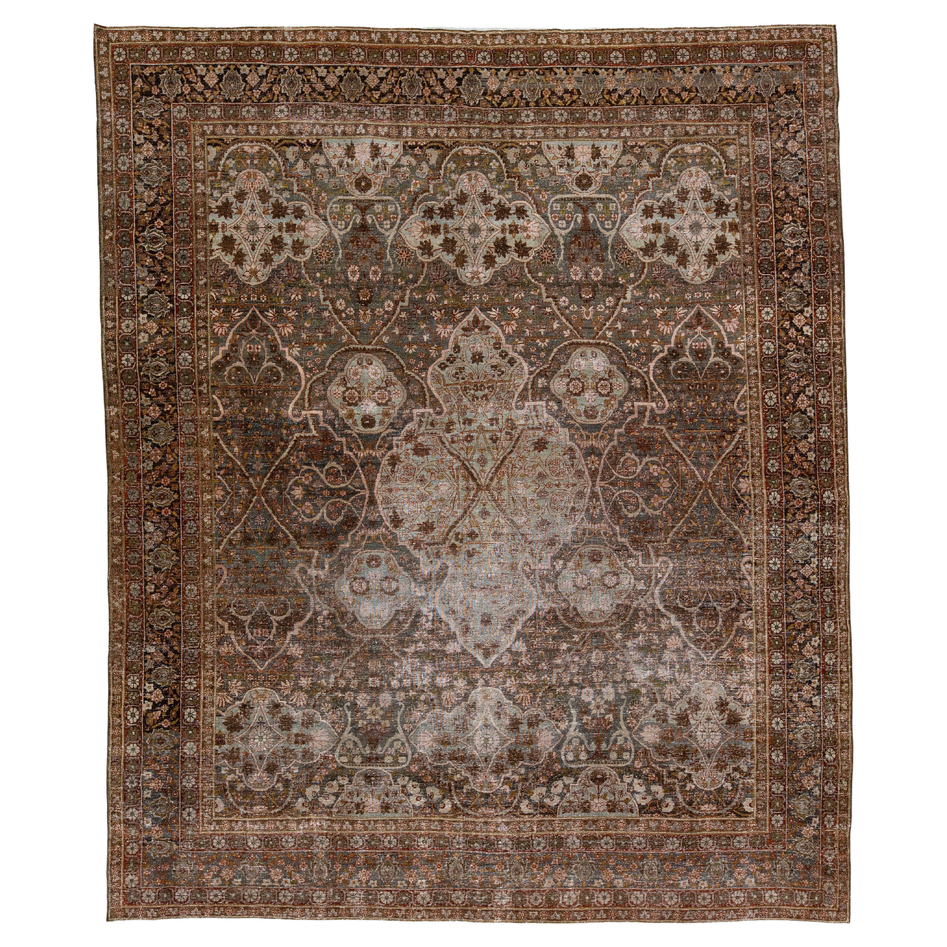1900s Persian Tabriz Gray Wool Rug Handmade with Medallion Motif