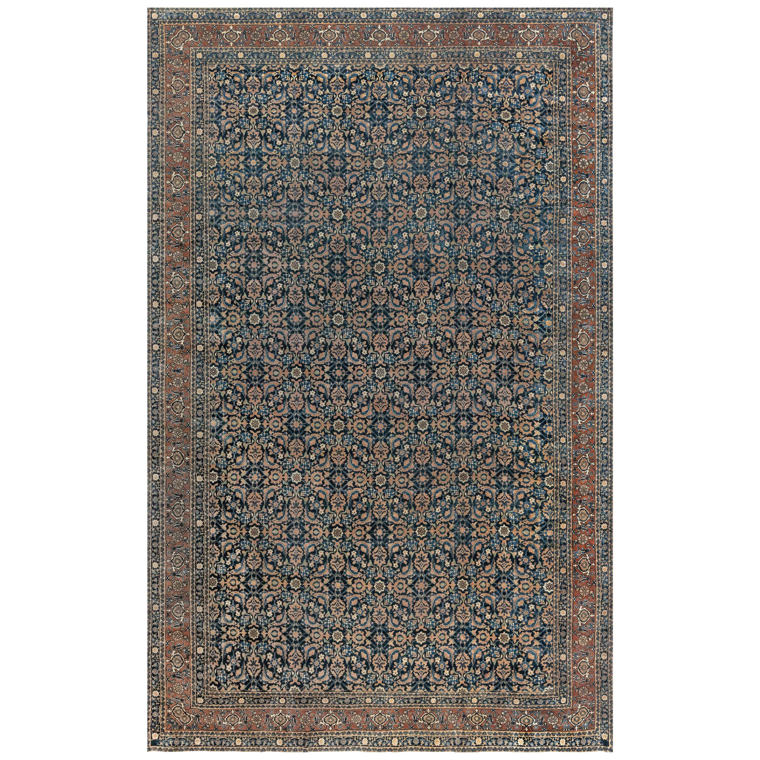 Early 20th Century Persian Tabriz Botanic Blue Handmade Wool Rug