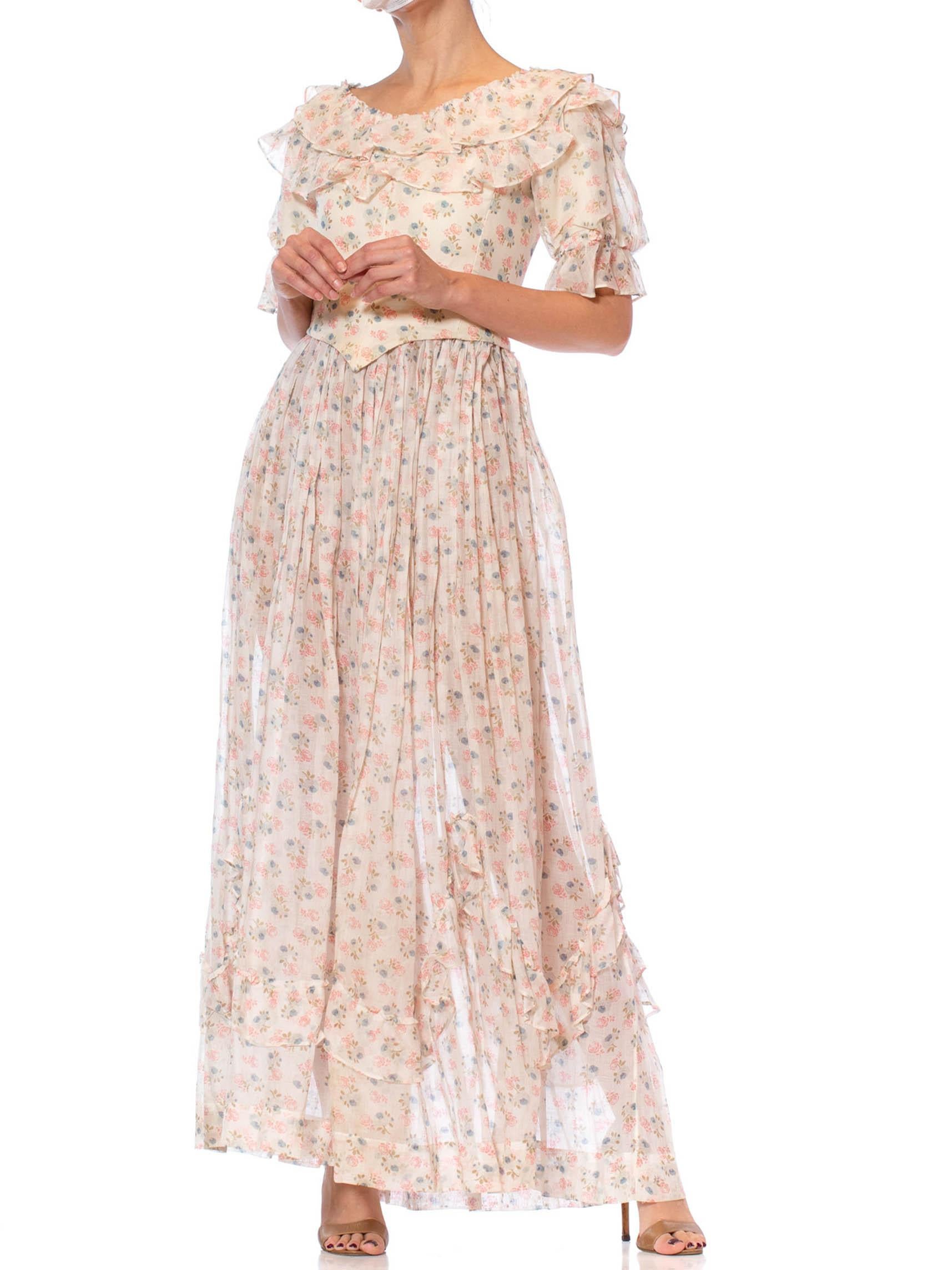 Women's 1900S Pink & Blue Floral Organic Cotton Lawn Boned Ruffled Top + Prairie Skirt  For Sale