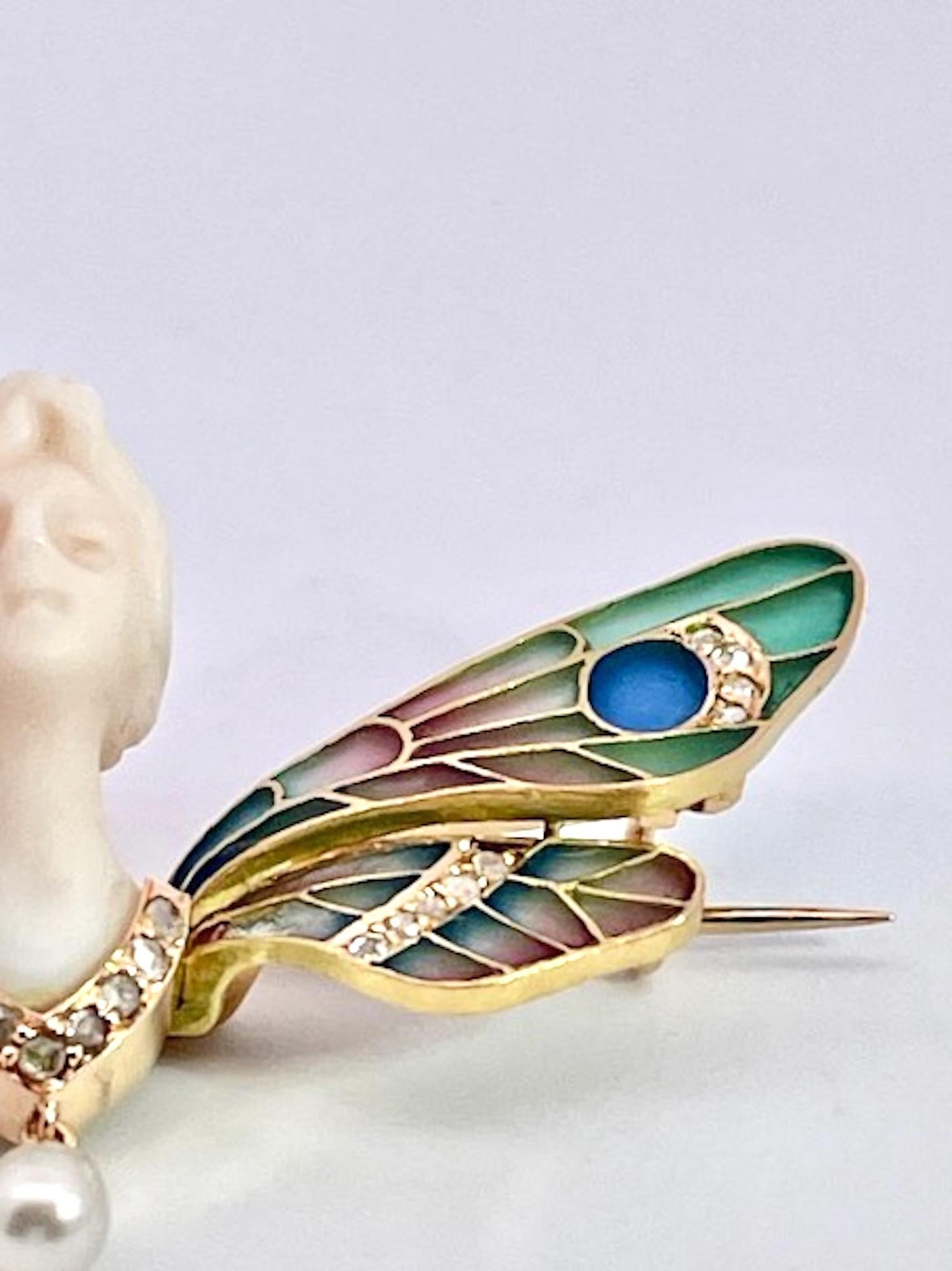 Art Nouveau 1900's Plique a Jour Butterfly with carved Chalcedony Ladies Head For Sale