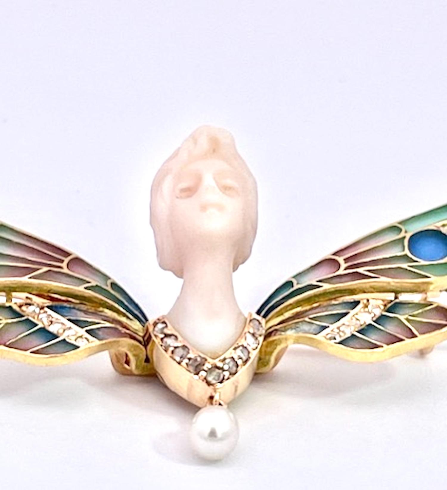 Mixed Cut 1900's Plique a Jour Butterfly with carved Chalcedony Ladies Head For Sale