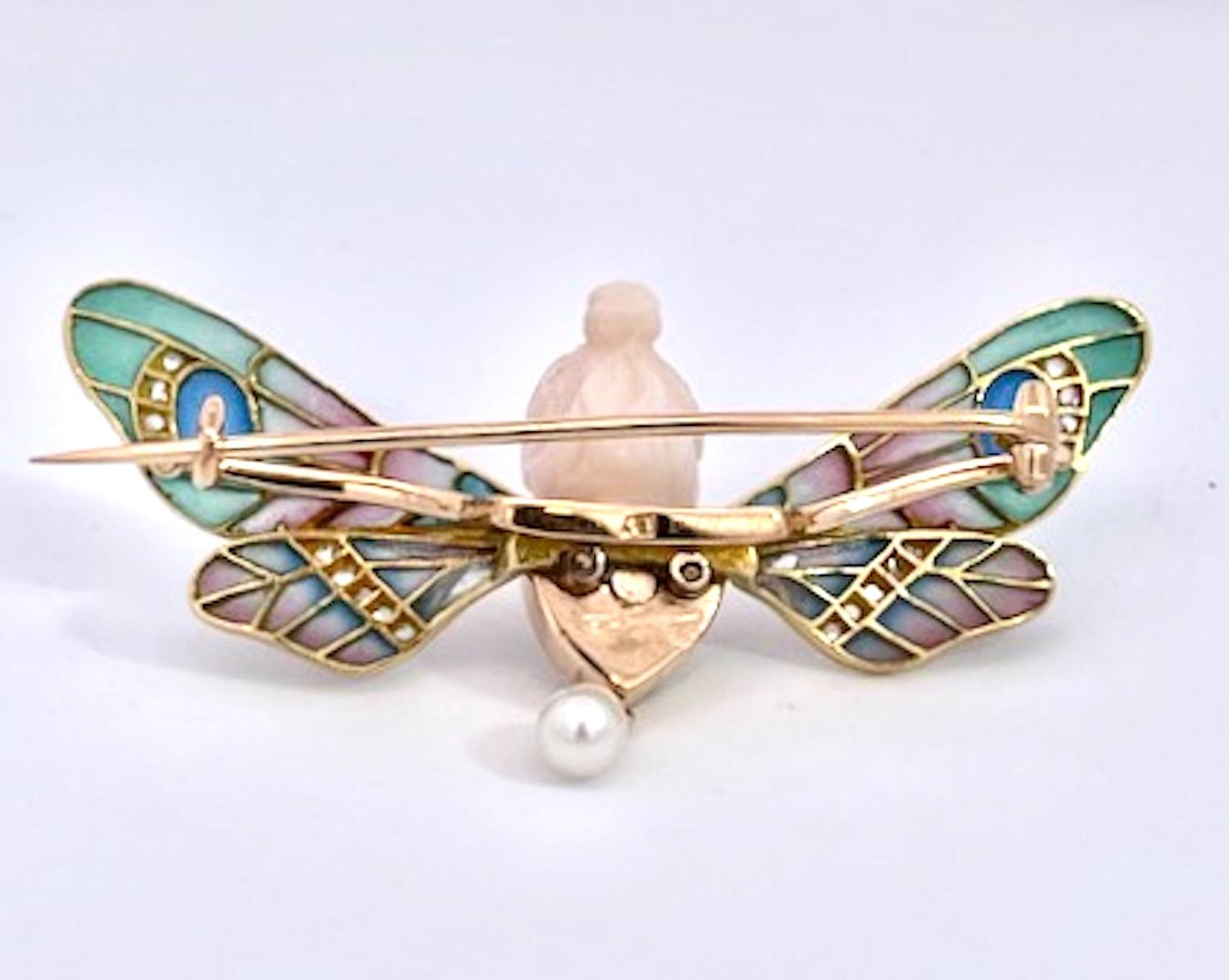 Women's 1900's Plique a Jour Butterfly with carved Chalcedony Ladies Head For Sale