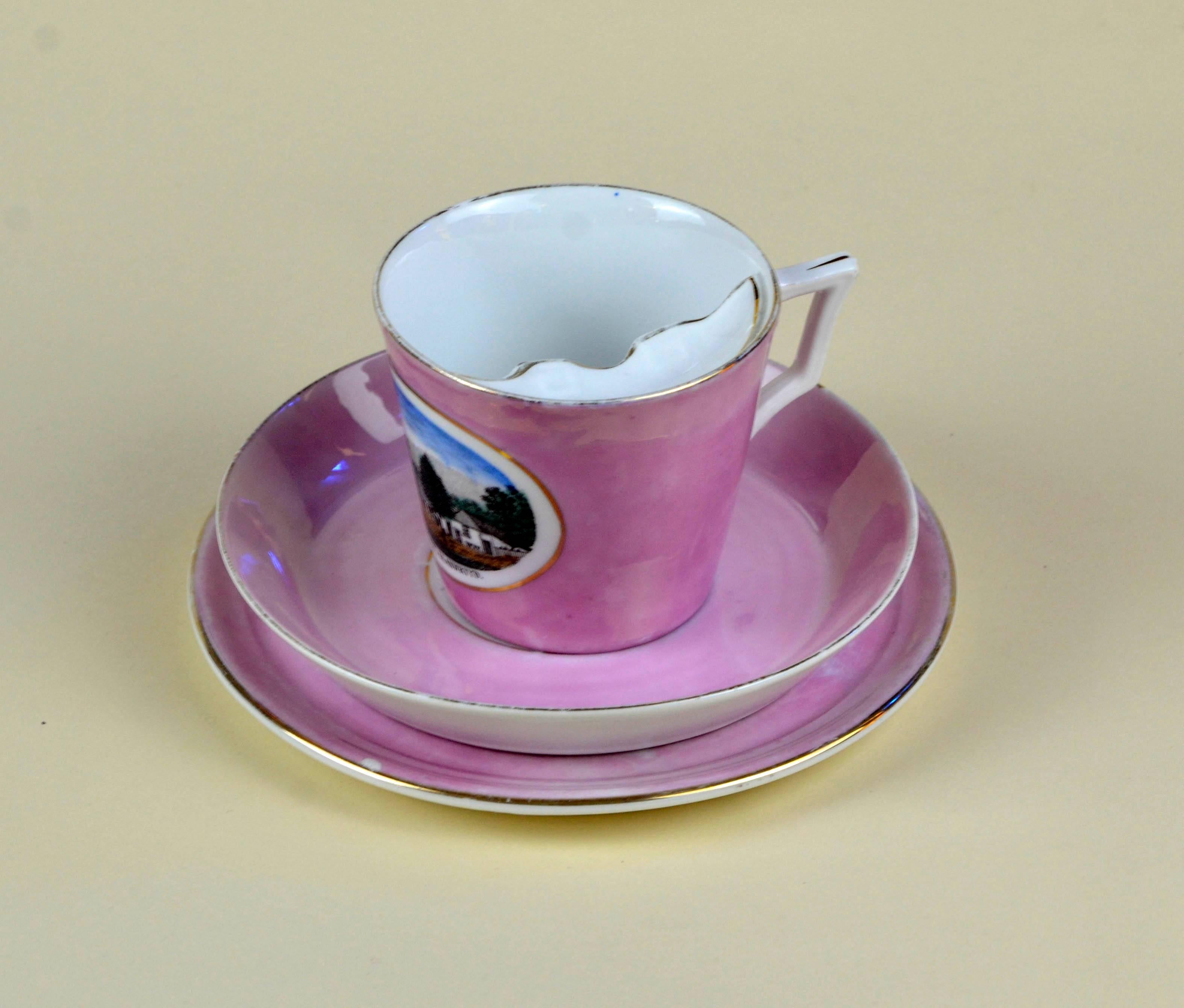 Edwardian 1900s Porcelain Souvenir Mustache Cup in Antique Pink Lustre Made in Germany For Sale