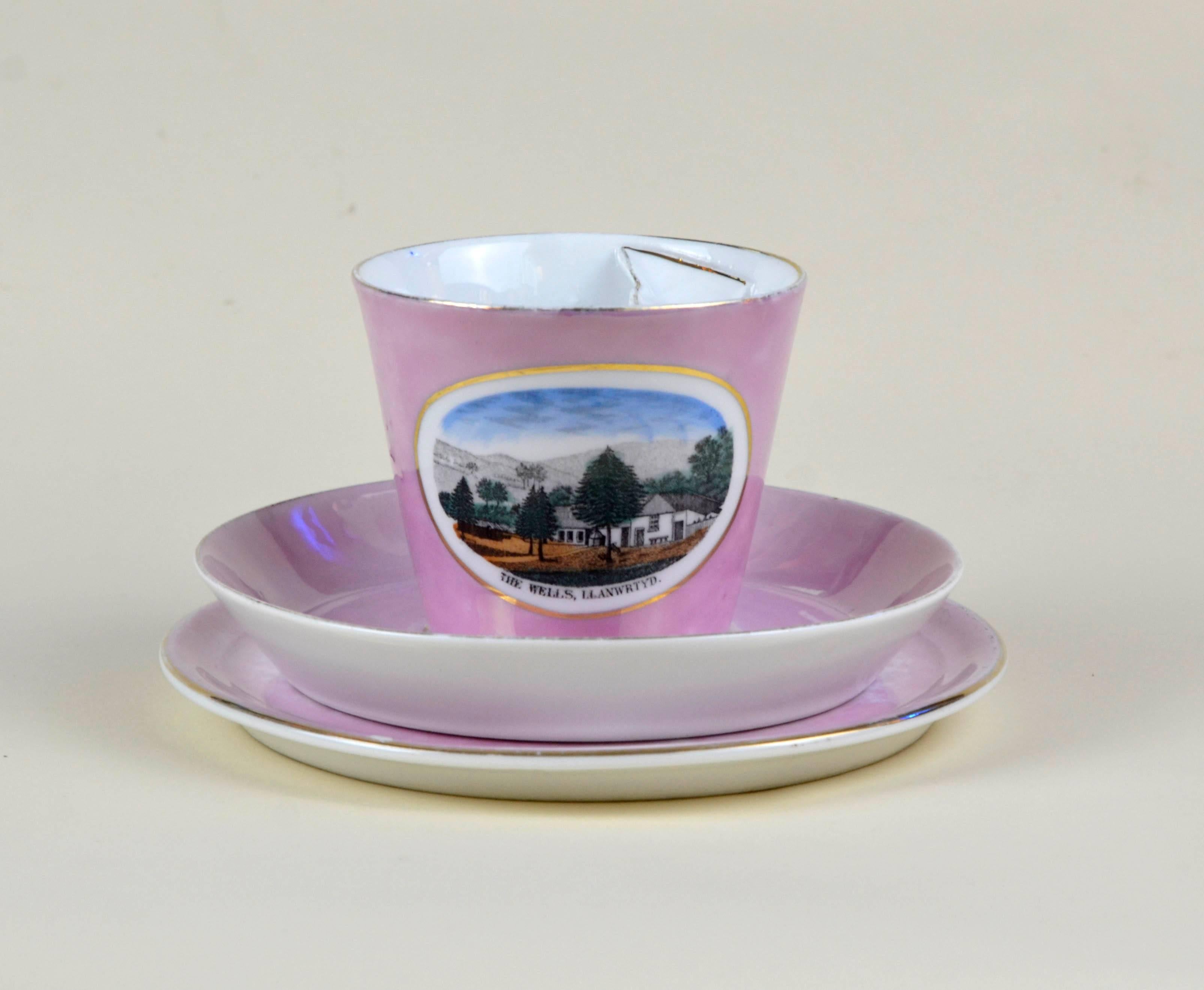 Early 20th Century 1900s Porcelain Souvenir Mustache Cup in Antique Pink Lustre Made in Germany For Sale