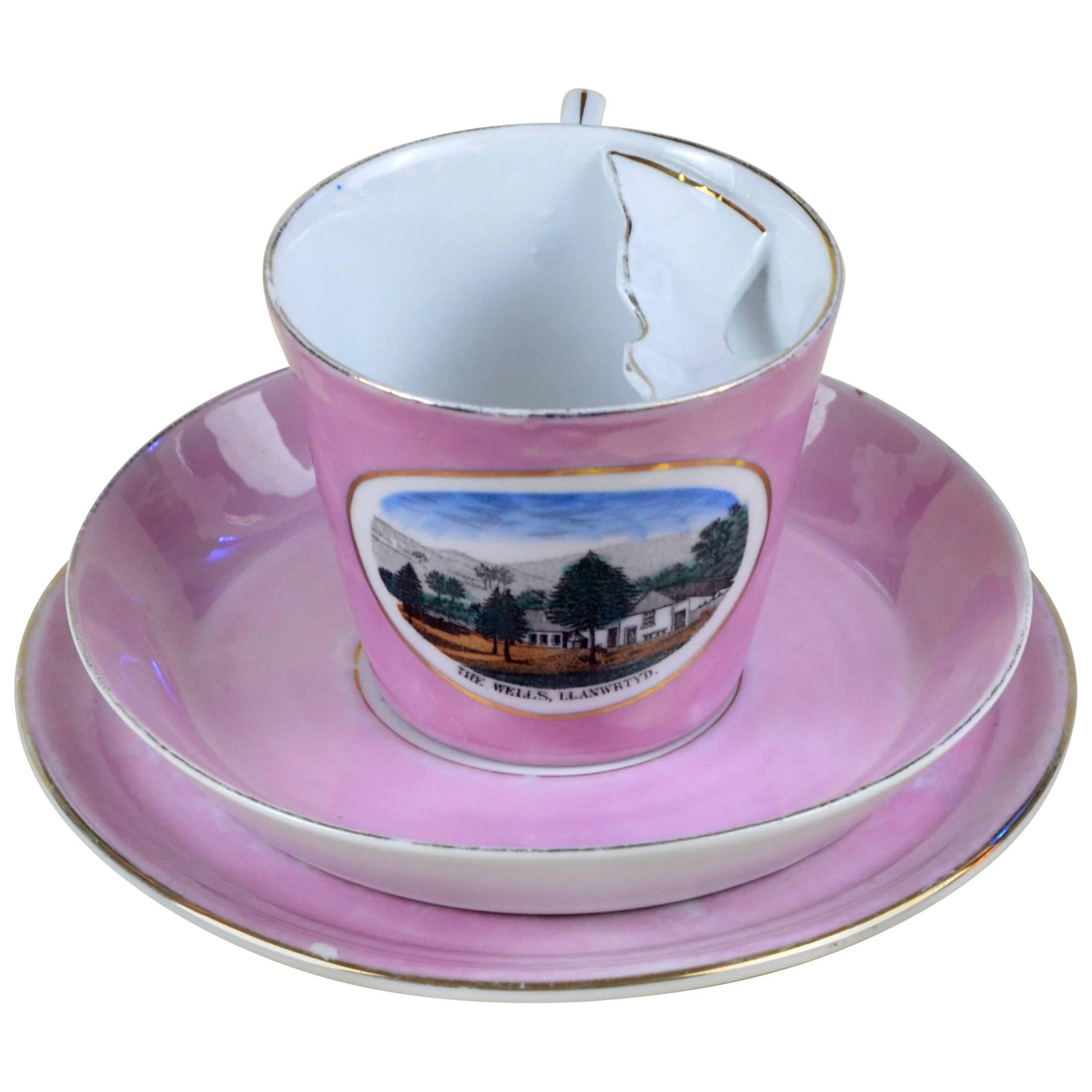 1900s Porcelain Souvenir Mustache Cup in Antique Pink Lustre Made in Germany For Sale