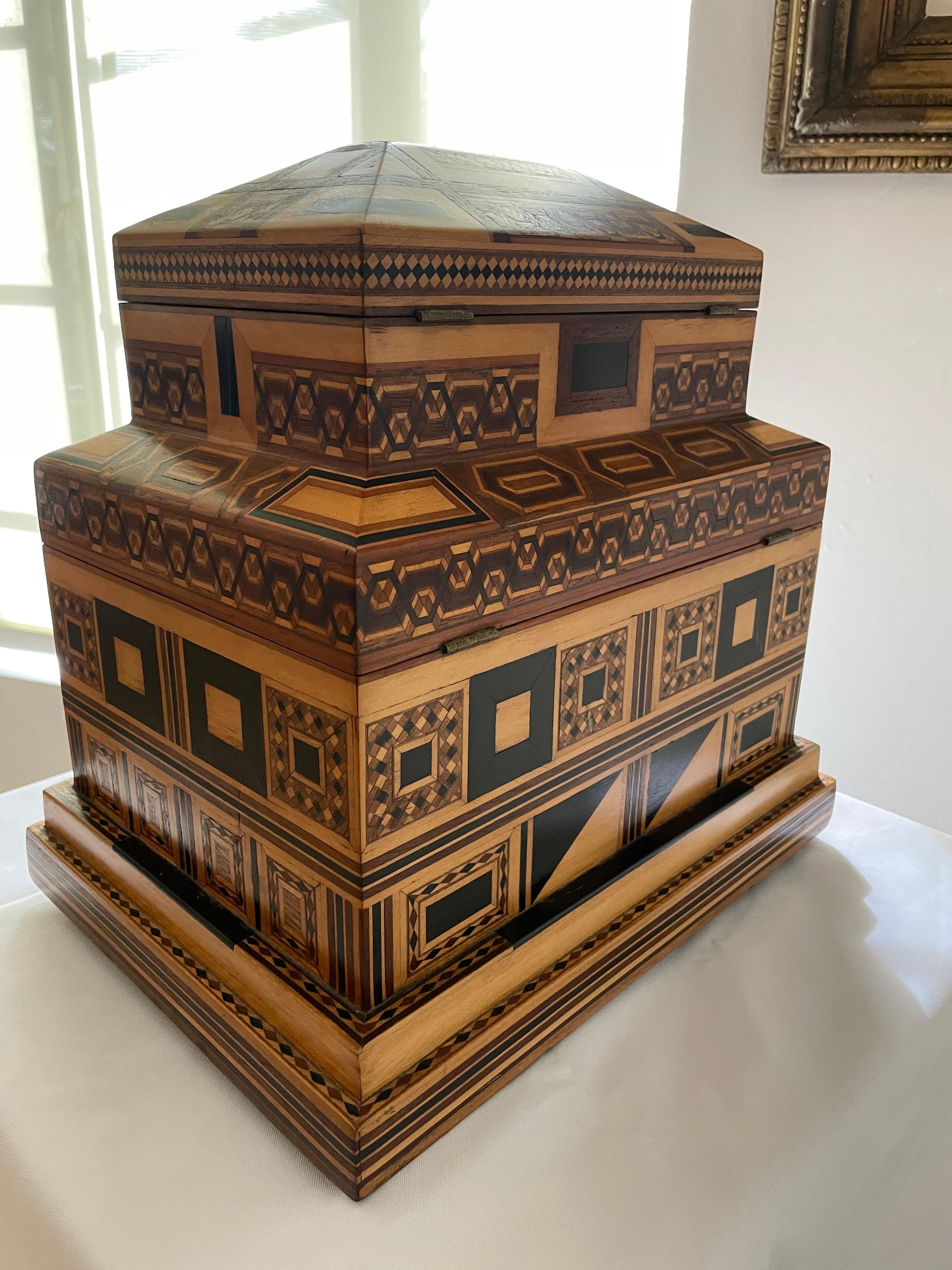 1900s Prisoner-Made Marquetry Inlay Wood Box in Masonic Temple Design 11