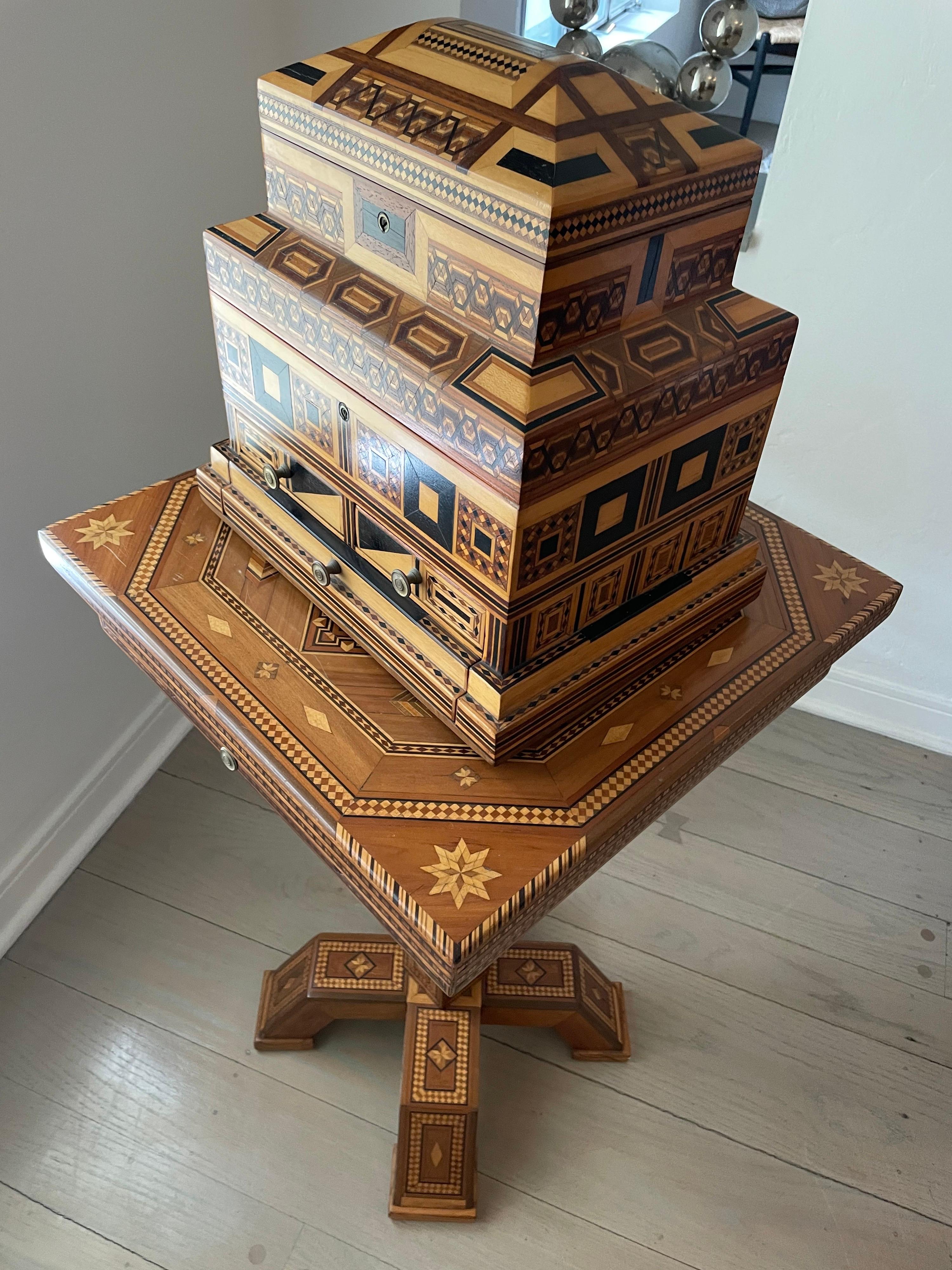 American 1900s Prisoner-Made Marquetry Inlay Wood Box in Masonic Temple Design