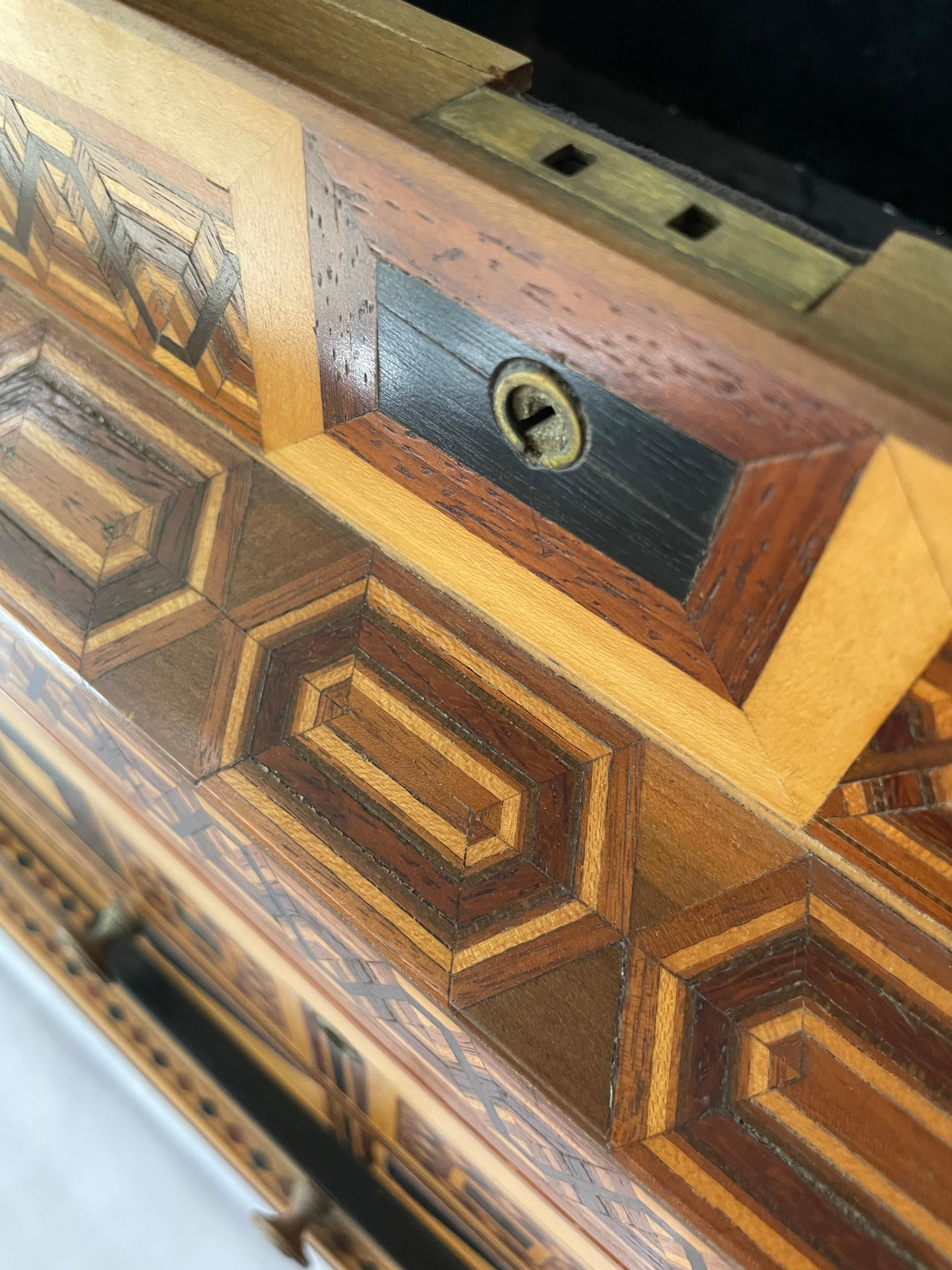 1900s Prisoner-Made Marquetry Inlay Wood Box in Masonic Temple Design 3