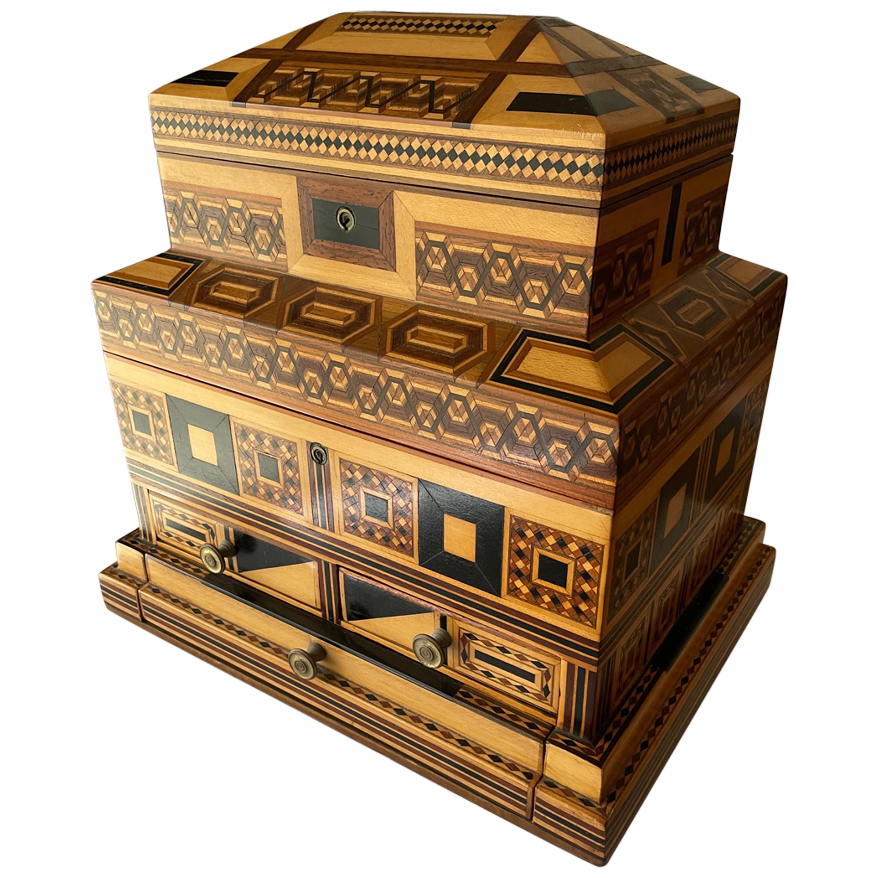 1900s Prisoner-Made Marquetry Inlay Wood Box in Masonic Temple Design