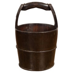 1900s Qing Southern Chinese Wooden Bucket with Large Handle and Metal Accents