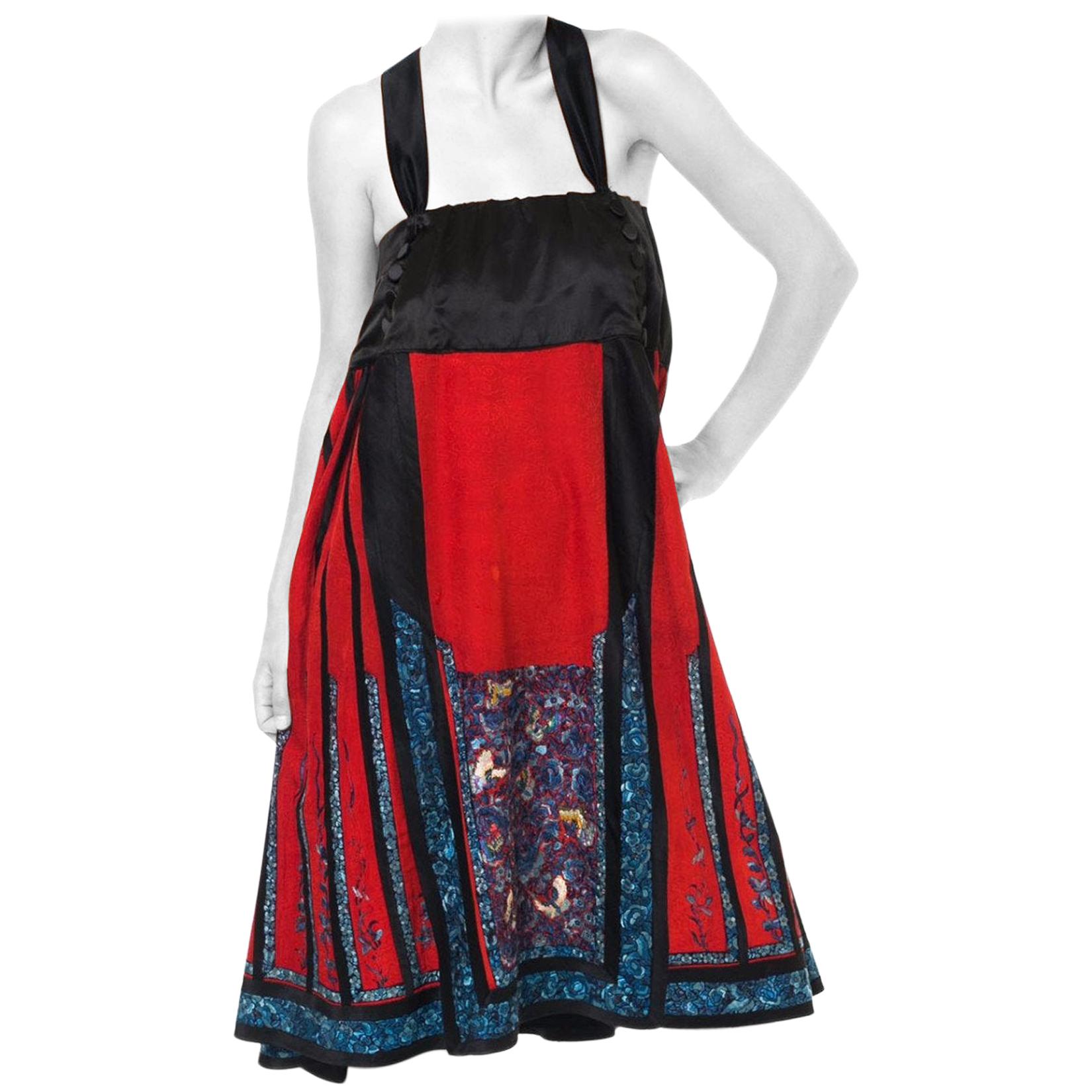 Edwardian QUING DYNASTY Red & Black Silk Hand Embroidered Chinese Dress Made Fr For Sale