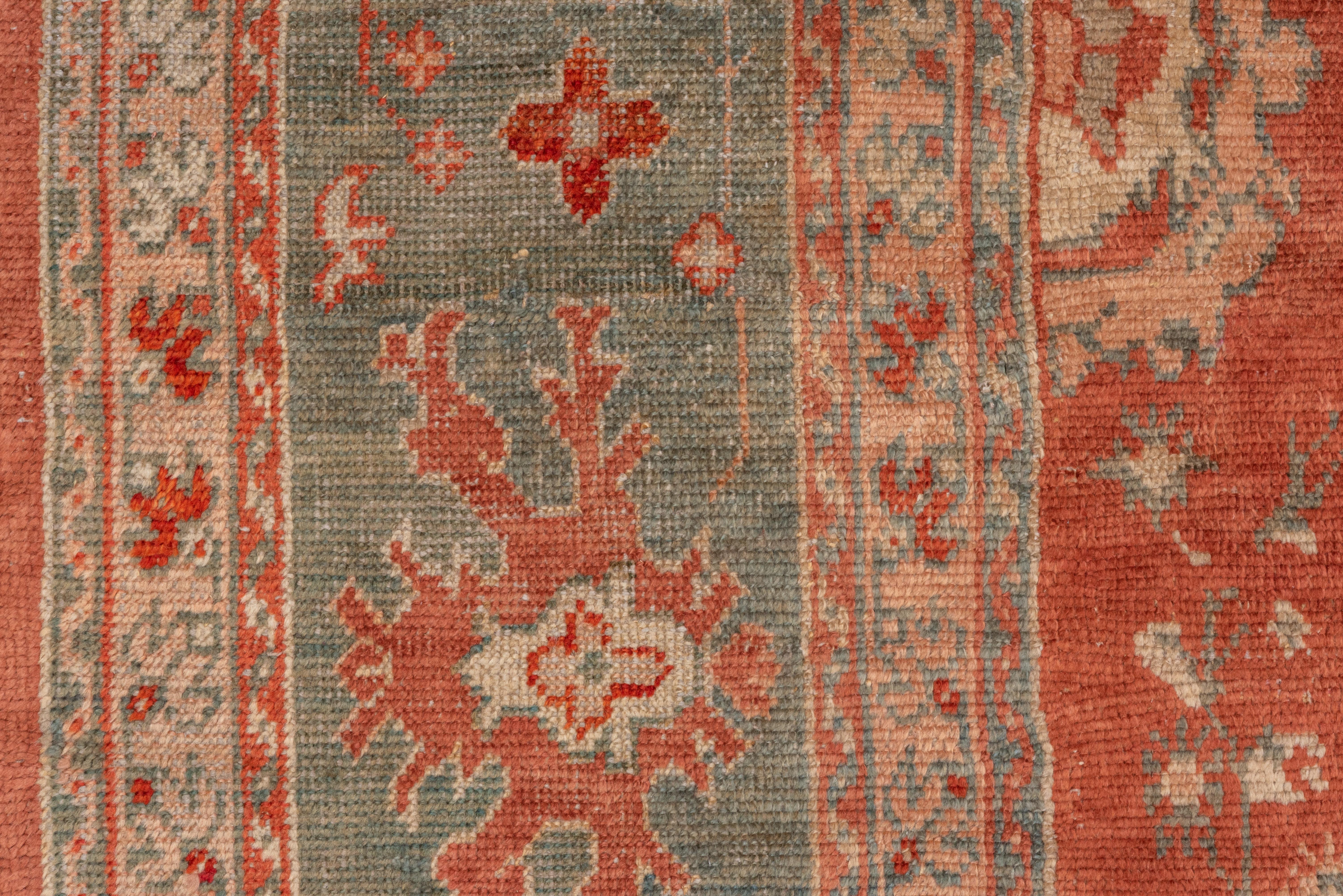 Hand-Knotted 1900s Rare Antique Turkish Oushak Carpet, Rusty Red Allover Field, Green Borders For Sale