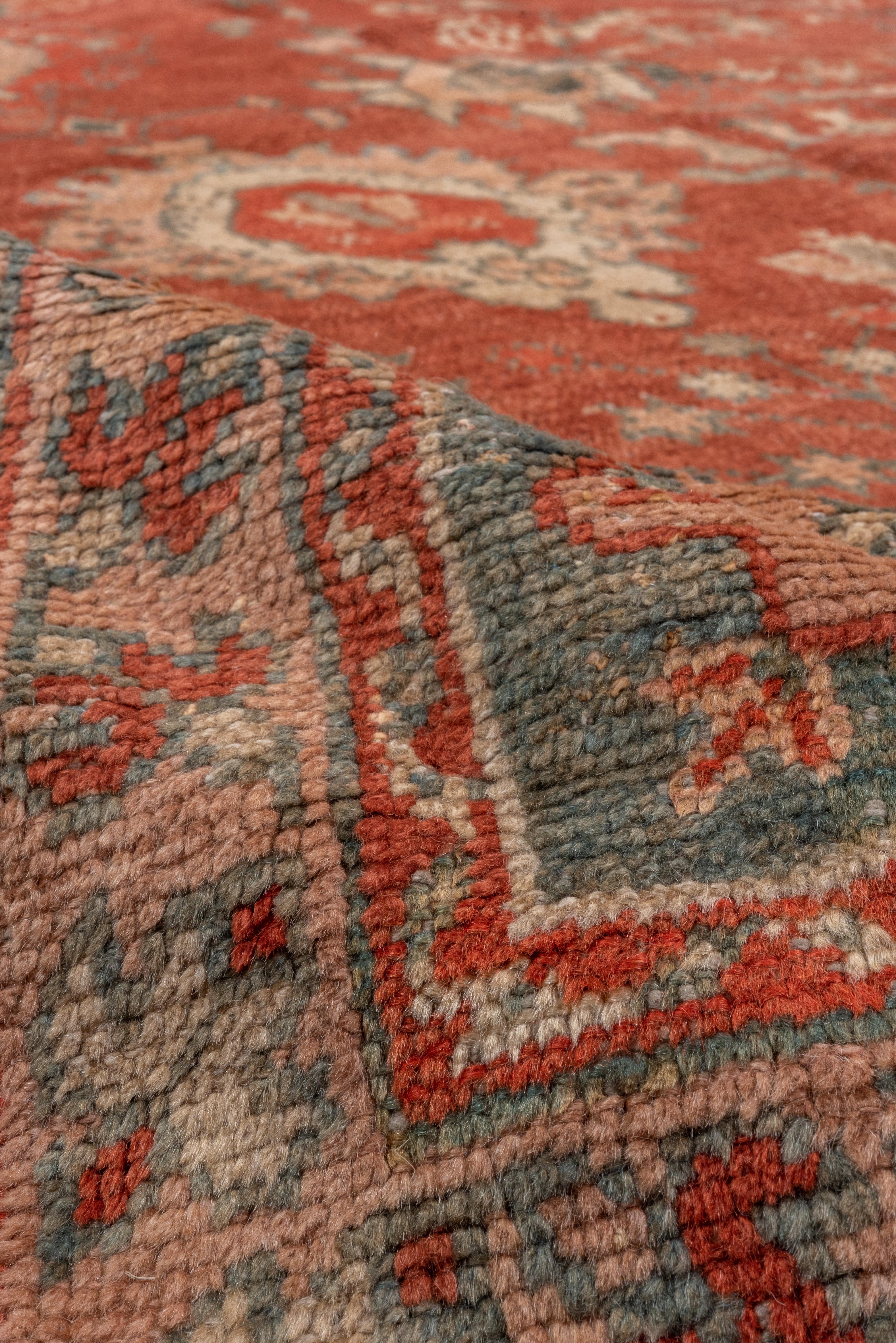 Early 20th Century 1900s Rare Antique Turkish Oushak Carpet, Rusty Red Allover Field, Green Borders For Sale