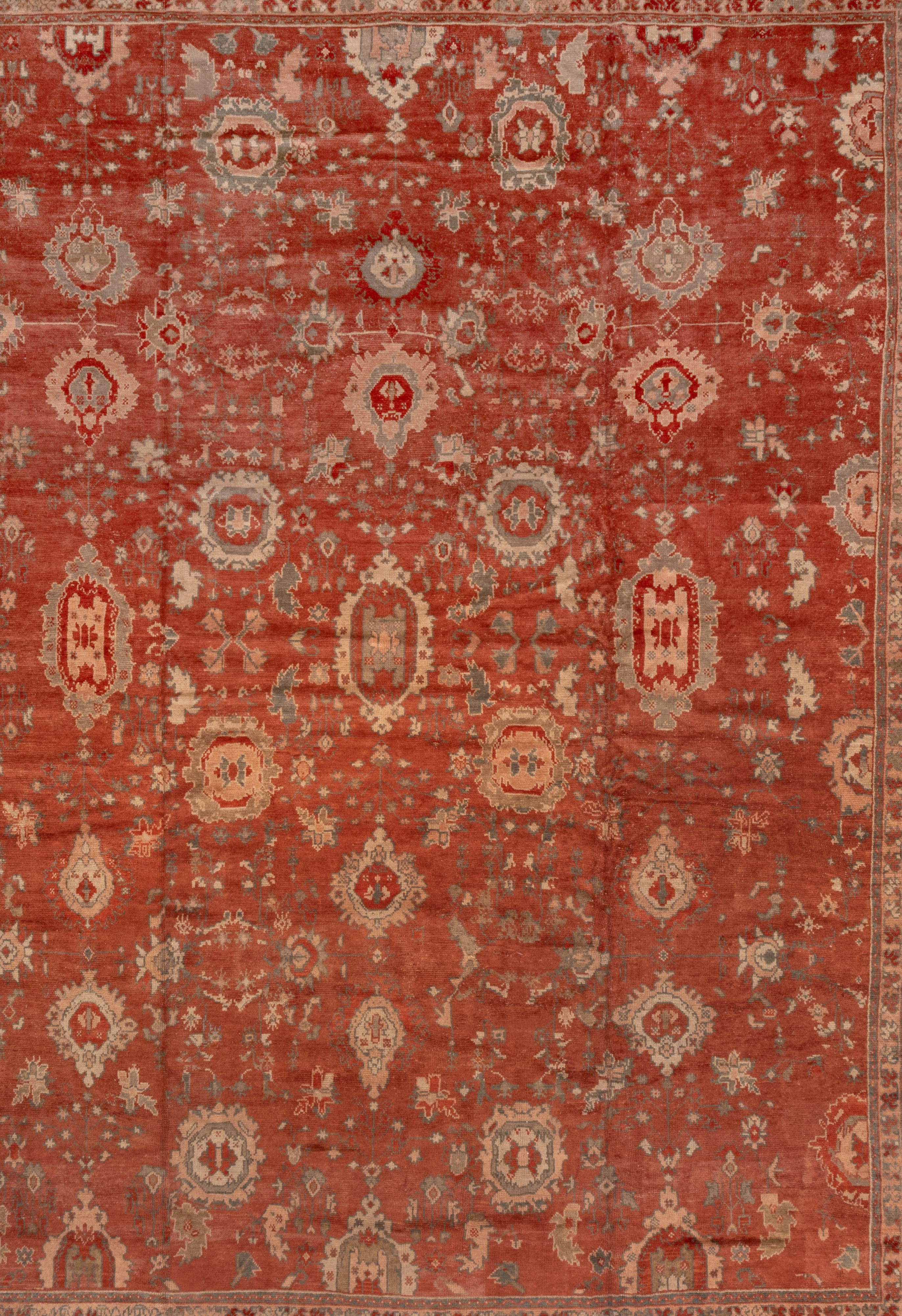 1900s Rare Antique Turkish Oushak Carpet, Rusty Red Allover Field, Green Borders For Sale 1