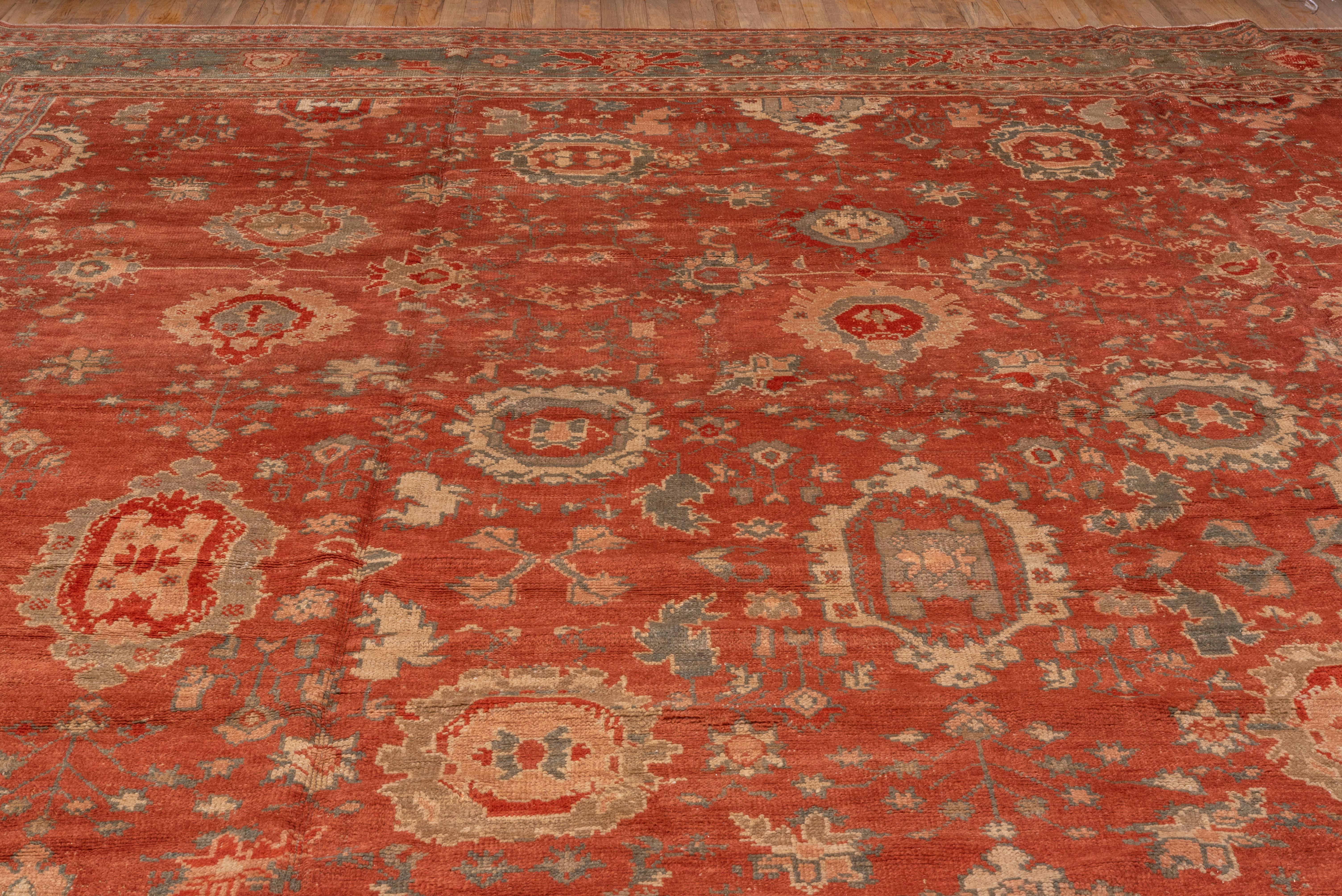 1900s Rare Antique Turkish Oushak Carpet, Rusty Red Allover Field, Green Borders For Sale 2