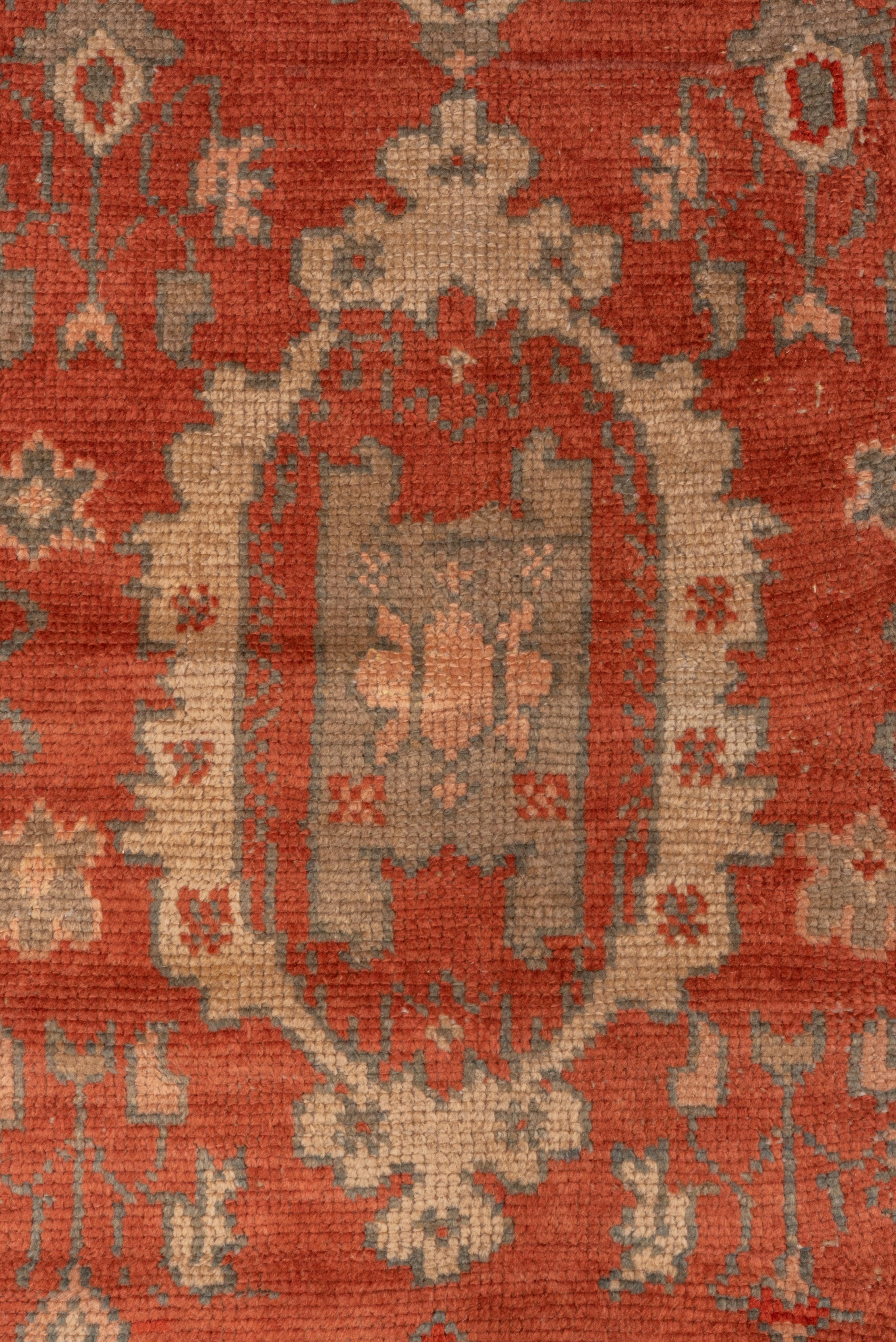 1900s Rare Antique Turkish Oushak Carpet, Rusty Red Allover Field, Green Borders For Sale 3