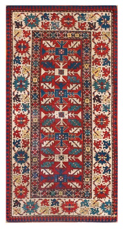 1900s Red Geometric Antique Caucasian Kazak Rug 3'9''x7'3'' Knotted Wool Carpet
