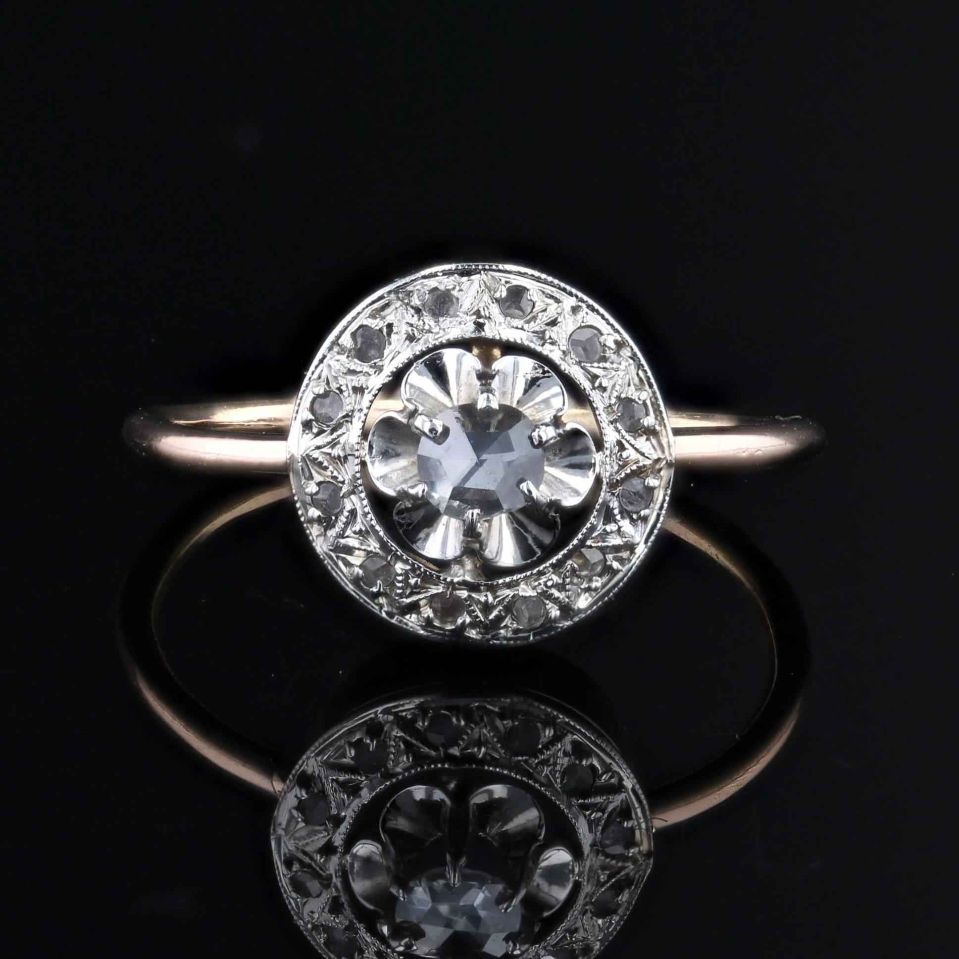 Belle Époque 1900s Rose-Cut Diamonds 18 Karat Rose Gold Round Ring For Sale