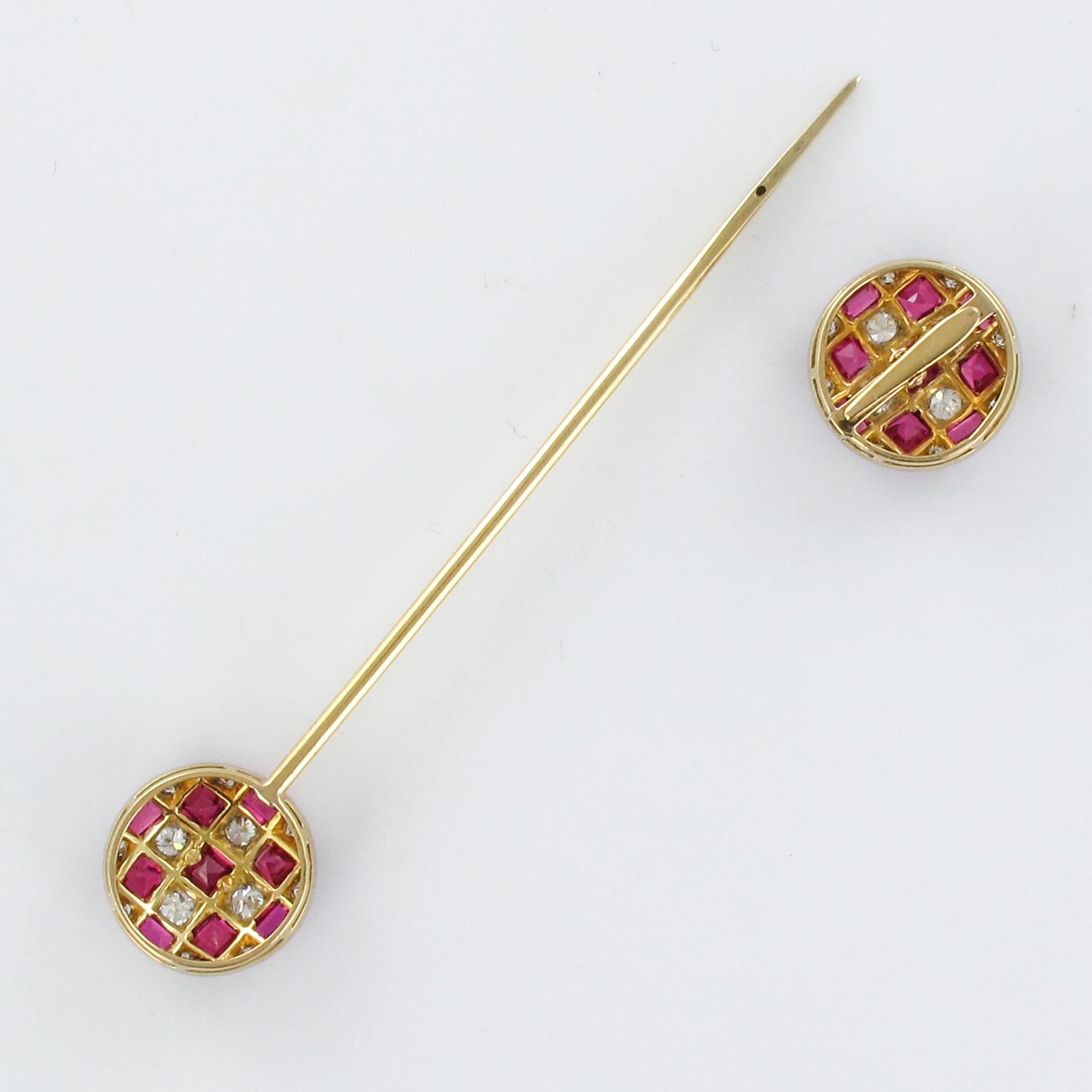 1900s Ruby Diamond Yellow Gold Jabot Pin For Sale 6
