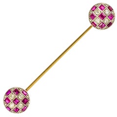 Antique 1900s Ruby Diamond Yellow Gold Jabot Pin