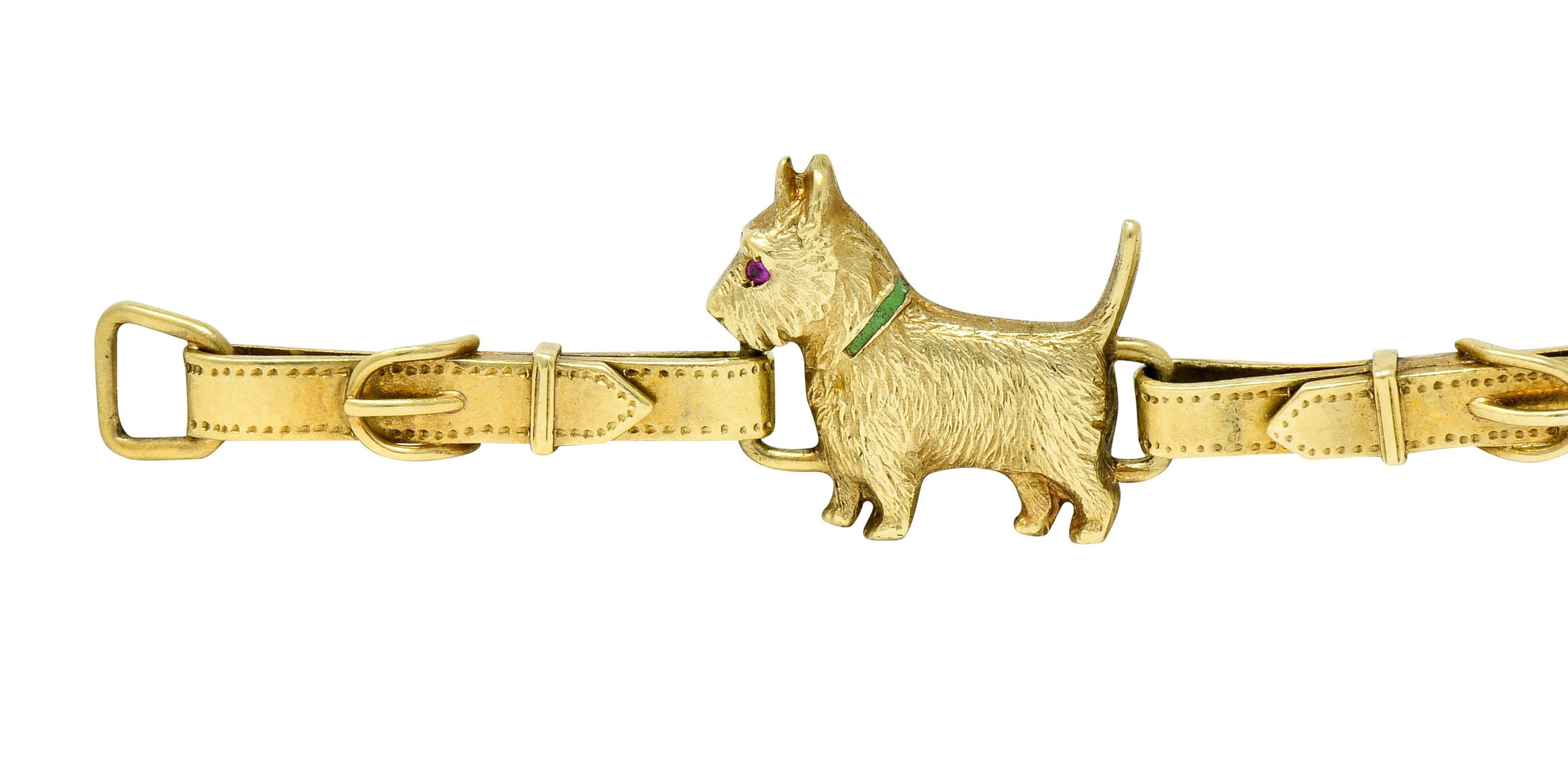 Art Nouveau 1900s Ruby Enamel 14 Karat Gold Scottish Terrier Link Bracelet