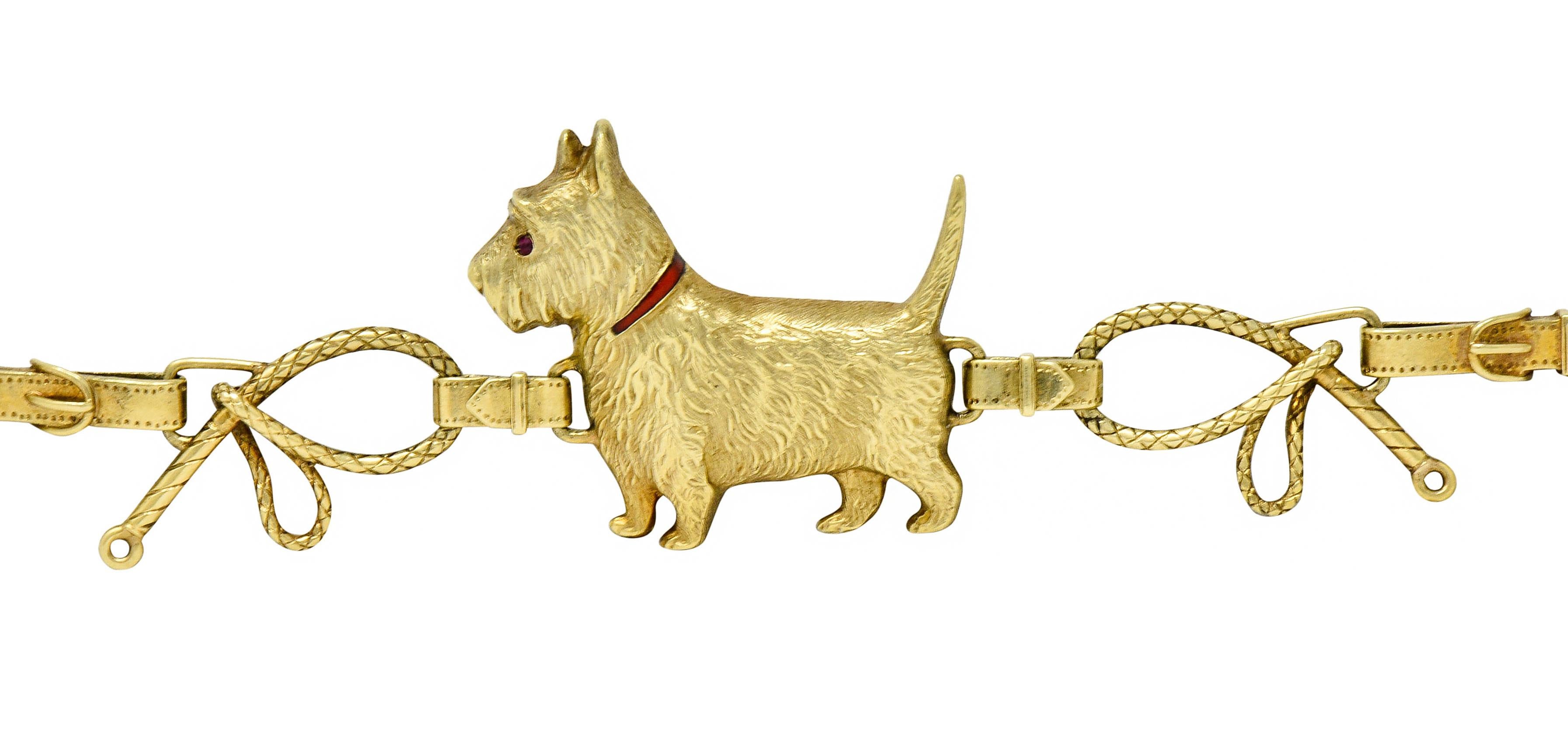 Round Cut 1900s Ruby Enamel 14 Karat Gold Scottish Terrier Link Bracelet