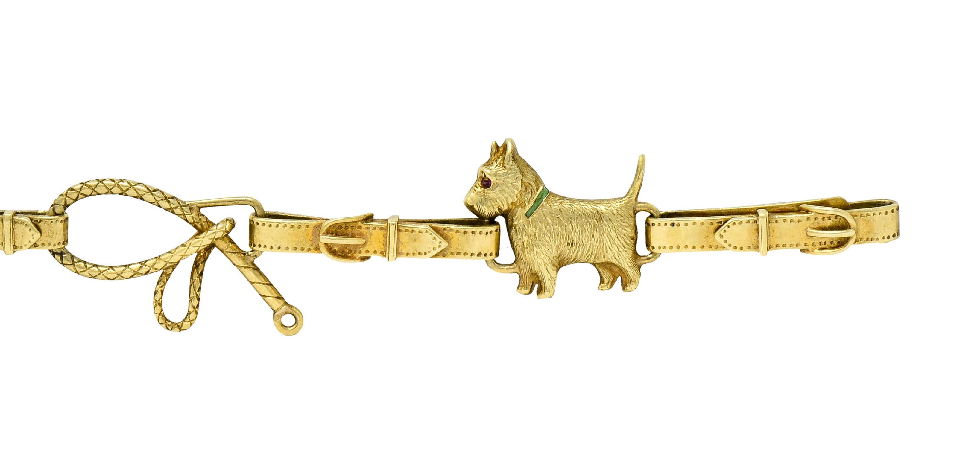 1900s Ruby Enamel 14 Karat Gold Scottish Terrier Link Bracelet In Excellent Condition In Philadelphia, PA