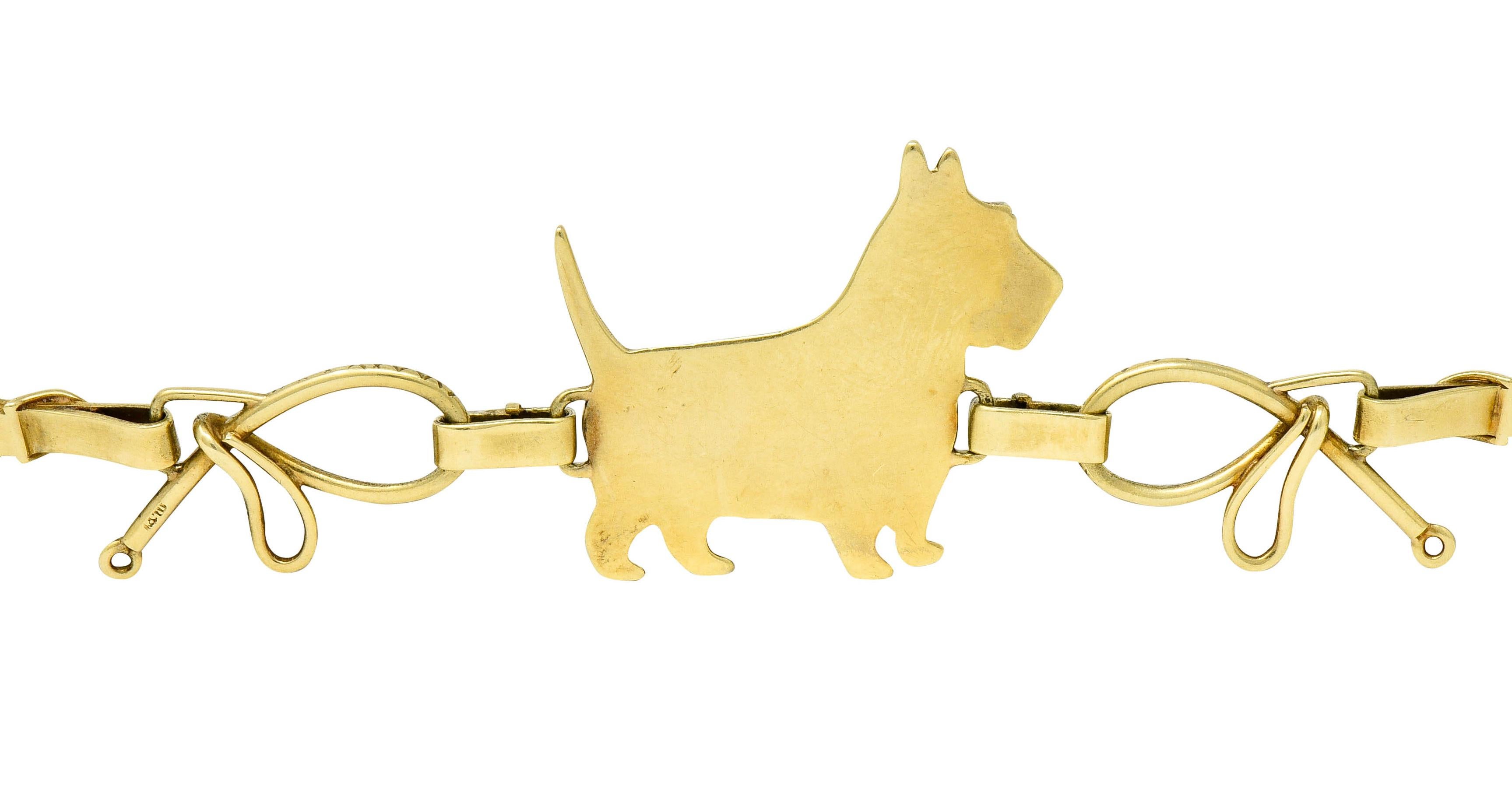 1900s Ruby Enamel 14 Karat Gold Scottish Terrier Link Bracelet 1