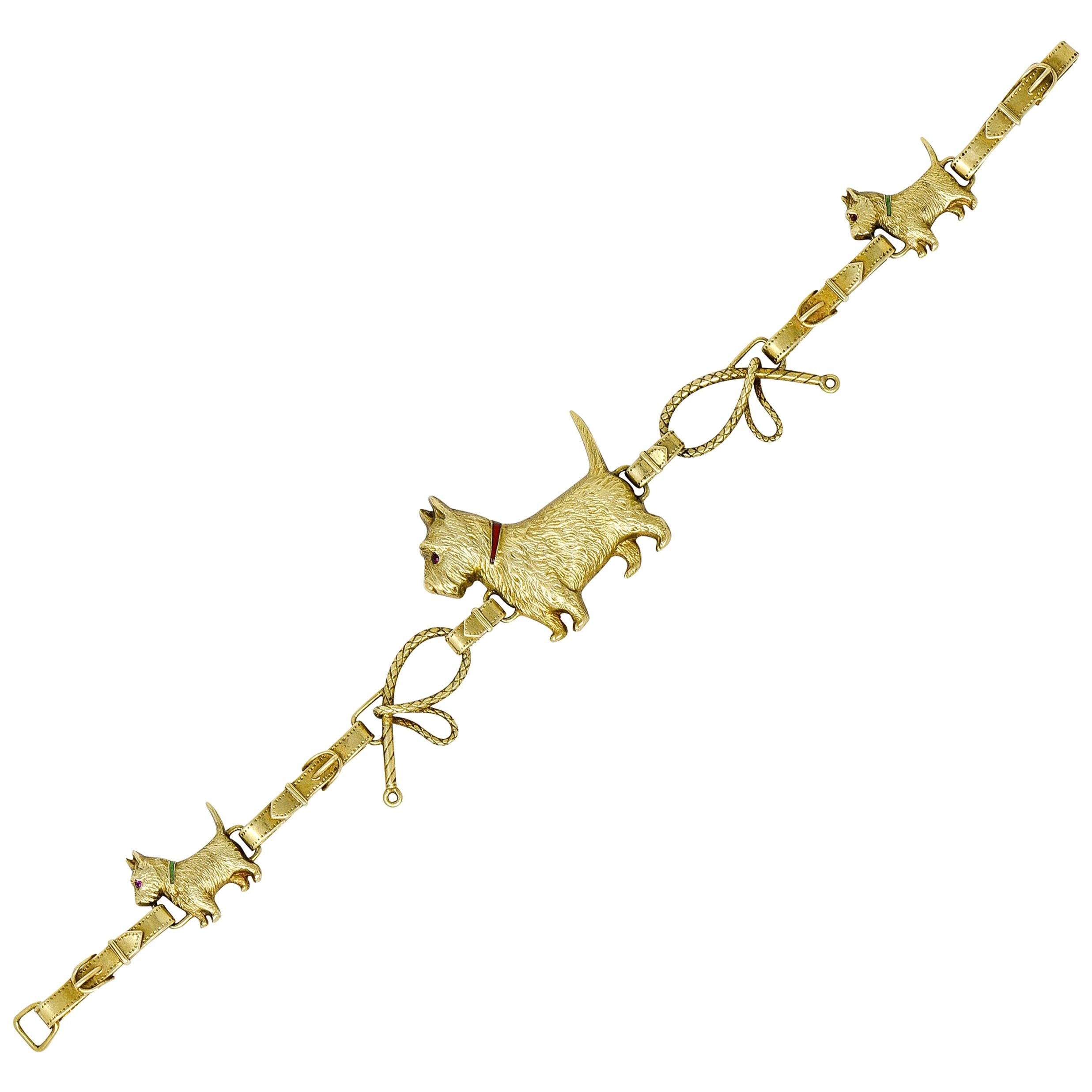 1900s Ruby Enamel 14 Karat Gold Scottish Terrier Link Bracelet